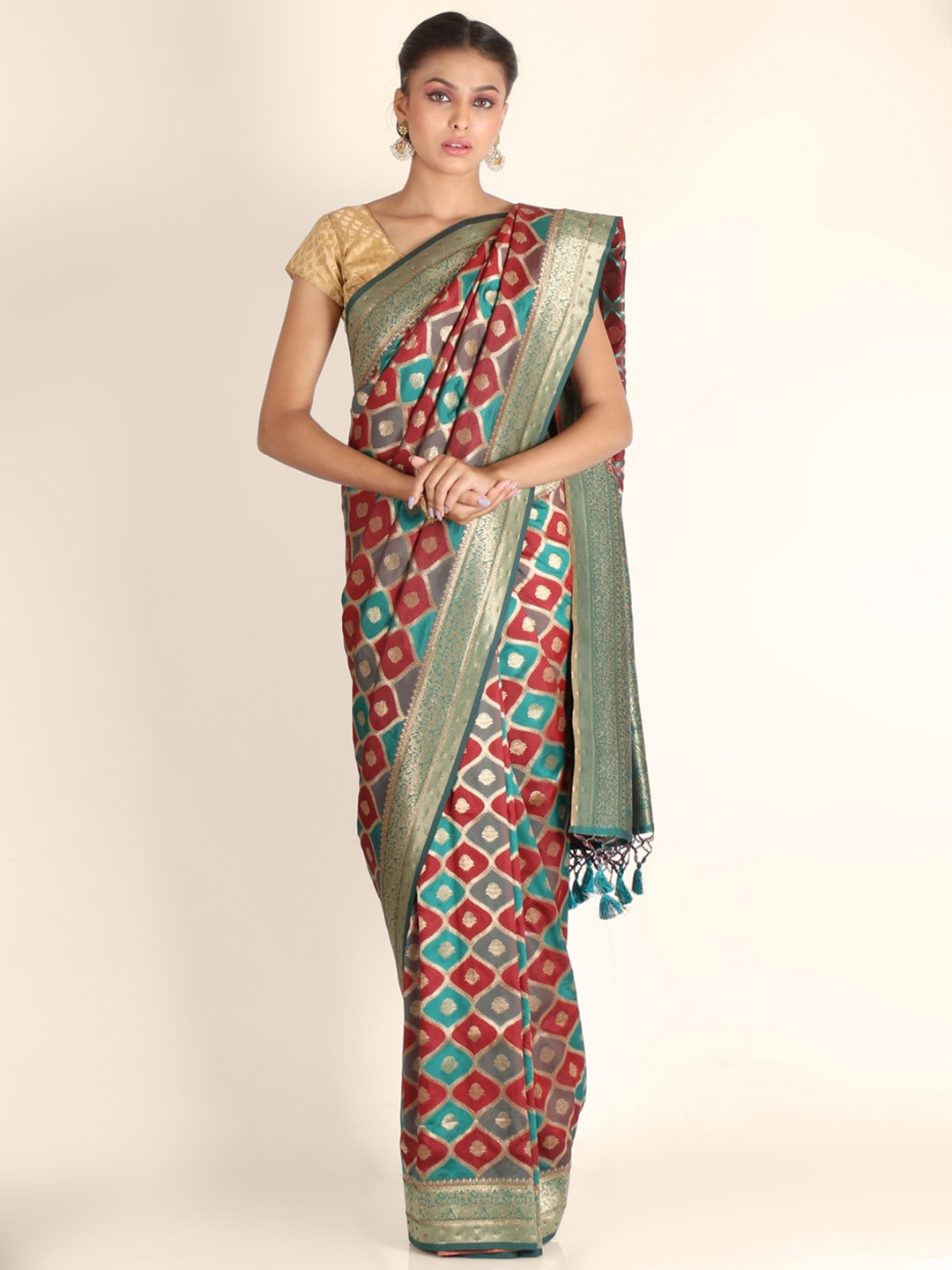 

KAJREE Red & Teal Ethnic Motifs Zari Pure Silk Chanderi Saree