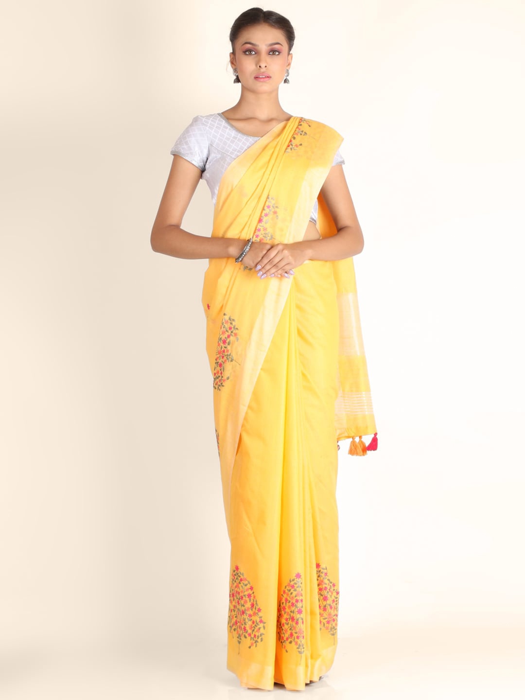 

KAJREE Yellow & Green Ethnic Motifs Pure Linen Tussar Saree