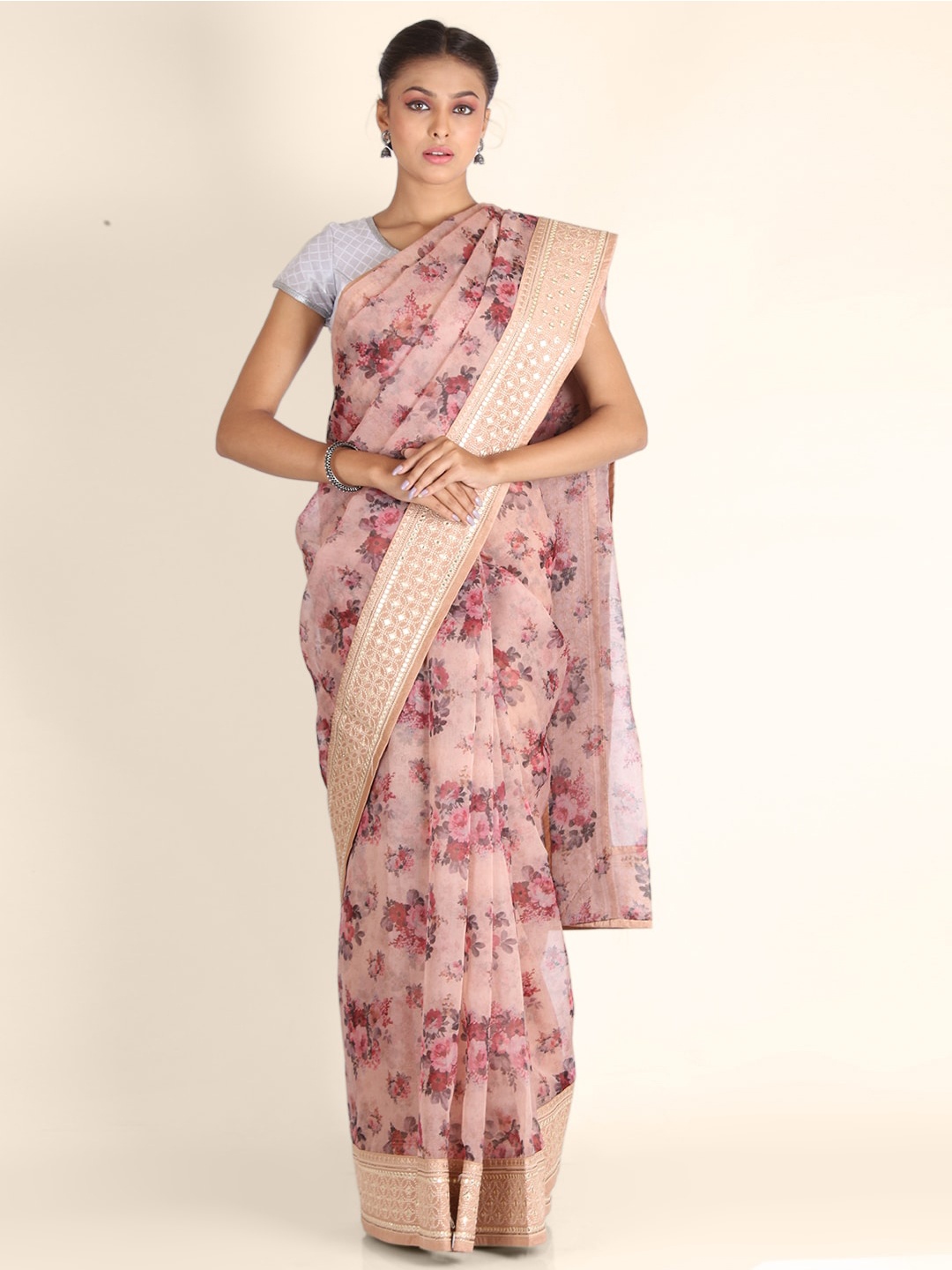 

KAJREE Beige & Pink Floral Organza Block Print Saree