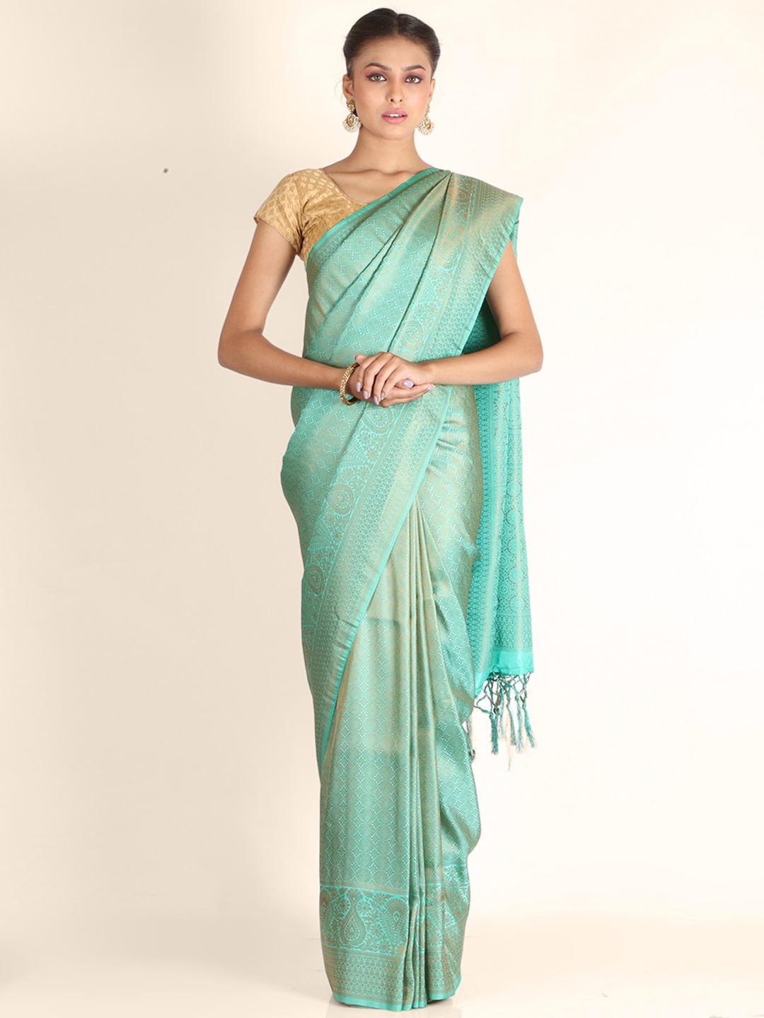 

KAJREE Sea Green & Gold-Toned Woven Design Zari Brocade Saree