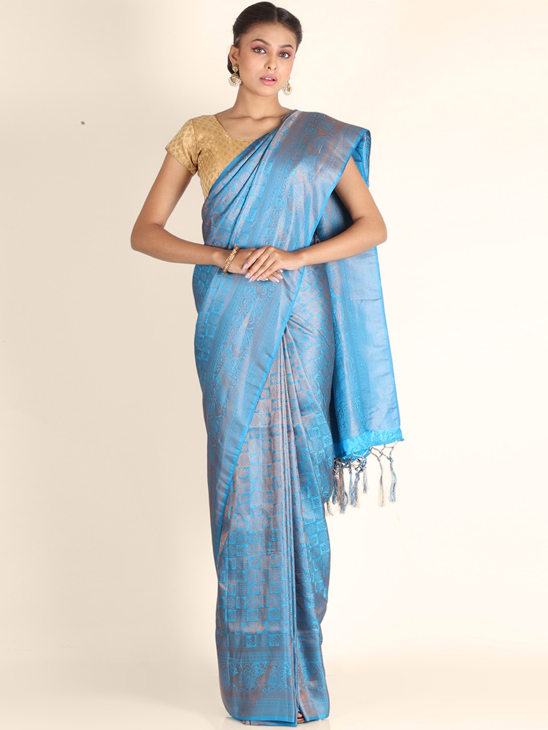 

KAJREE Blue & Gold Ethnic Motifs Zari Brocade Saree