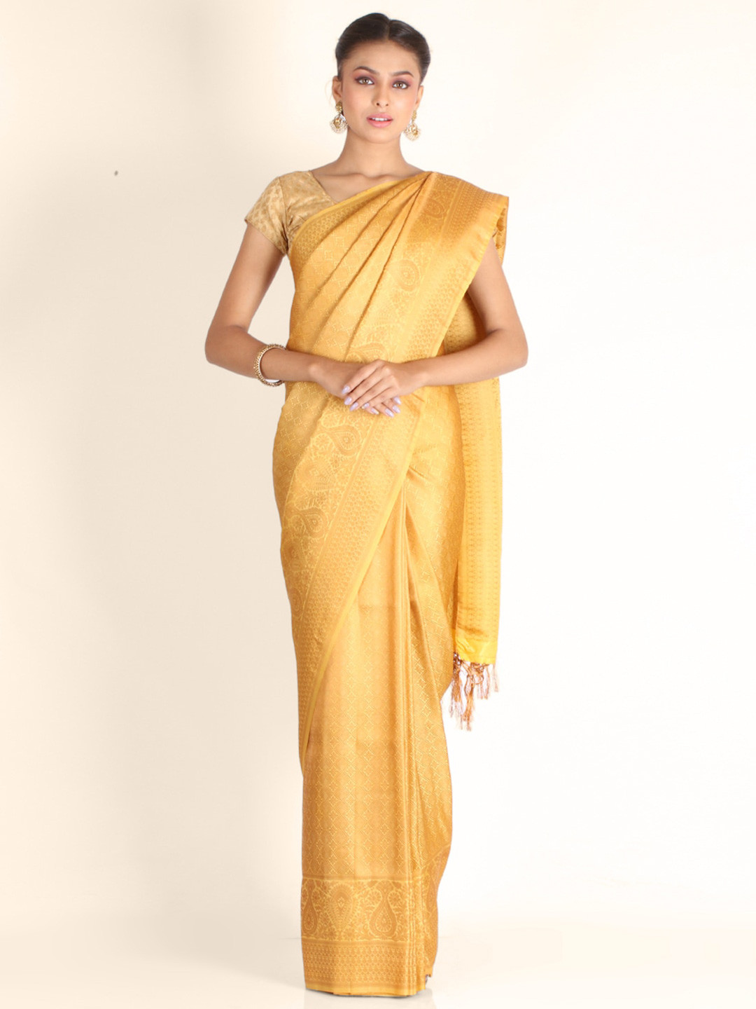 

KAJREE Yellow & Gold-Toned Woven Design Zari Brocade Khadi Saree