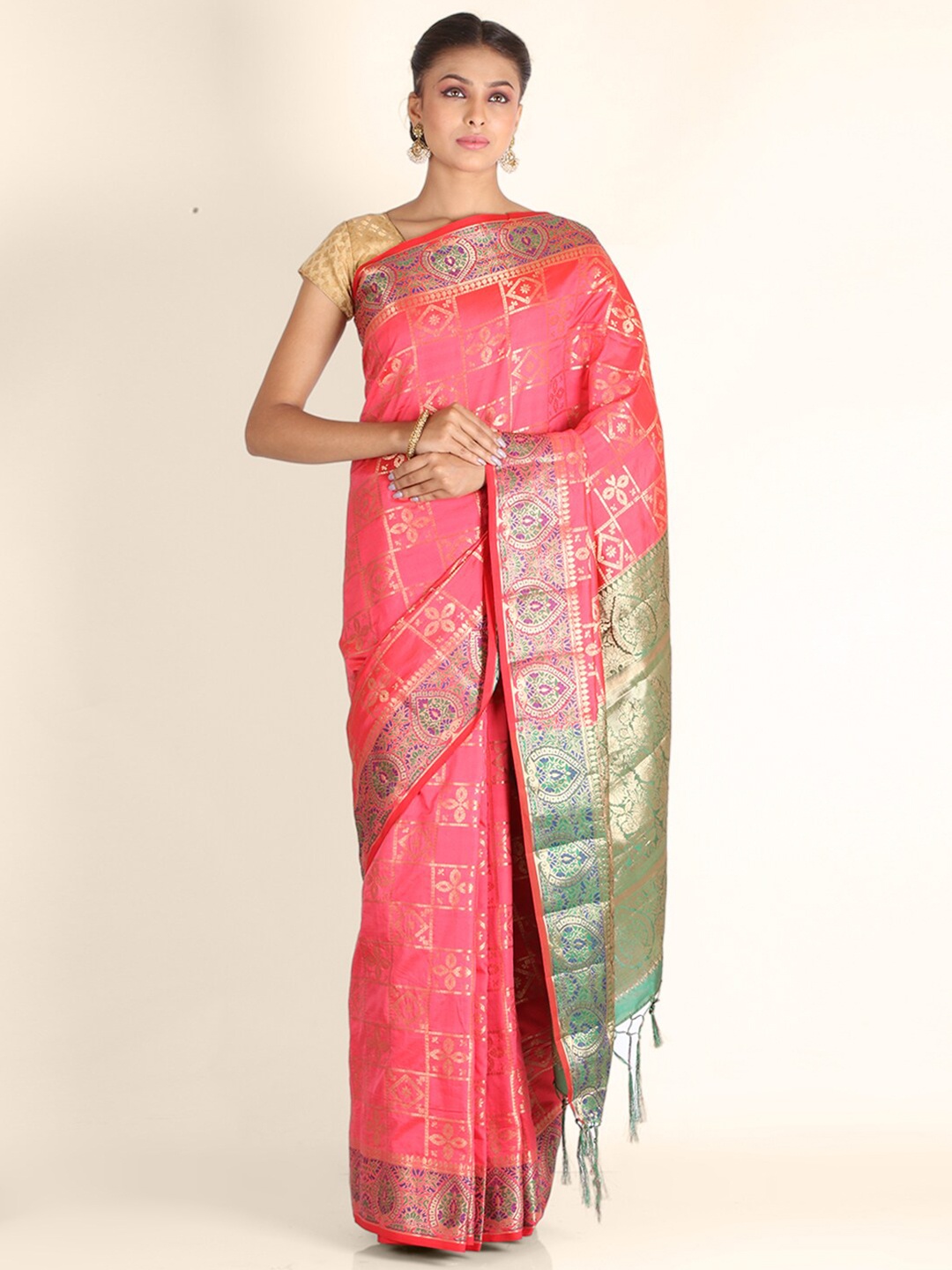 

KAJREE Pink & Olive Ethnic Motifs Zari Banarasi Pure Silk Saree