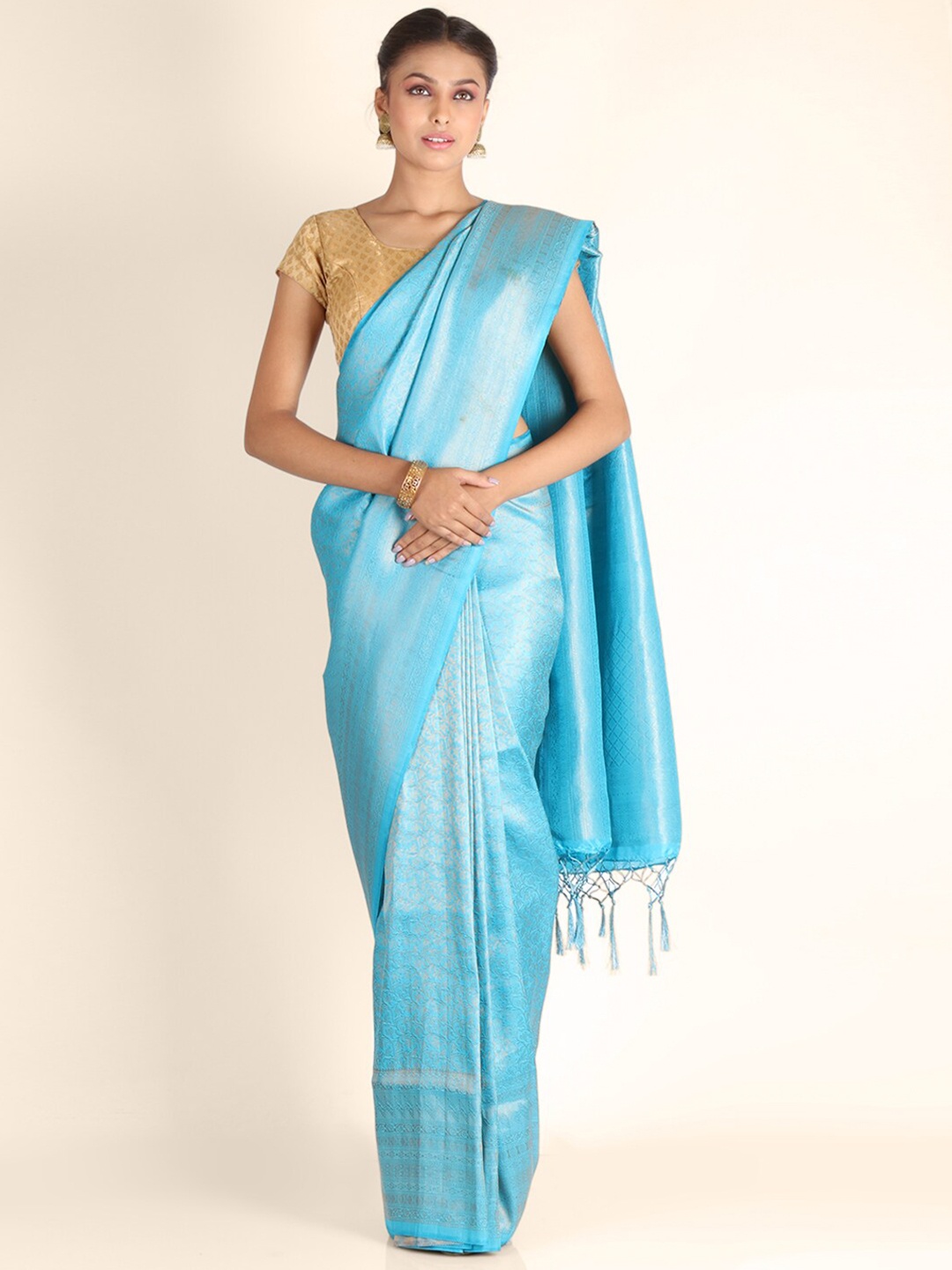 

KAJREE Blue & Gold-Toned Woven Design Zari Brocade Khadi Saree