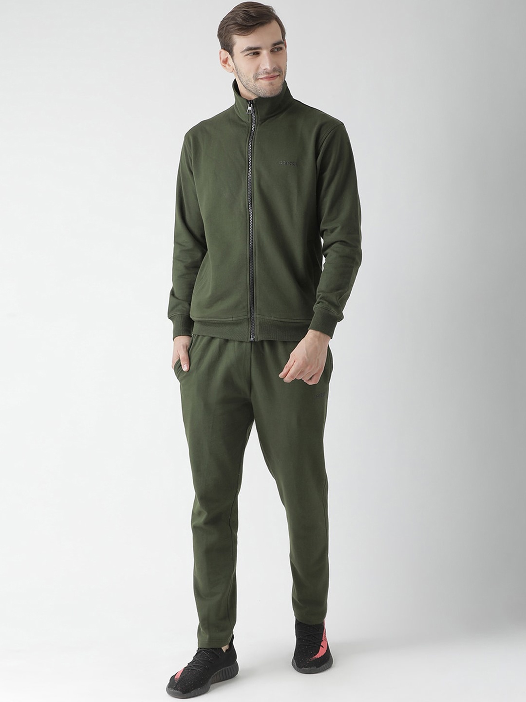 

GRIFFEL Men Olive Green Solid Cotton Tracksuit