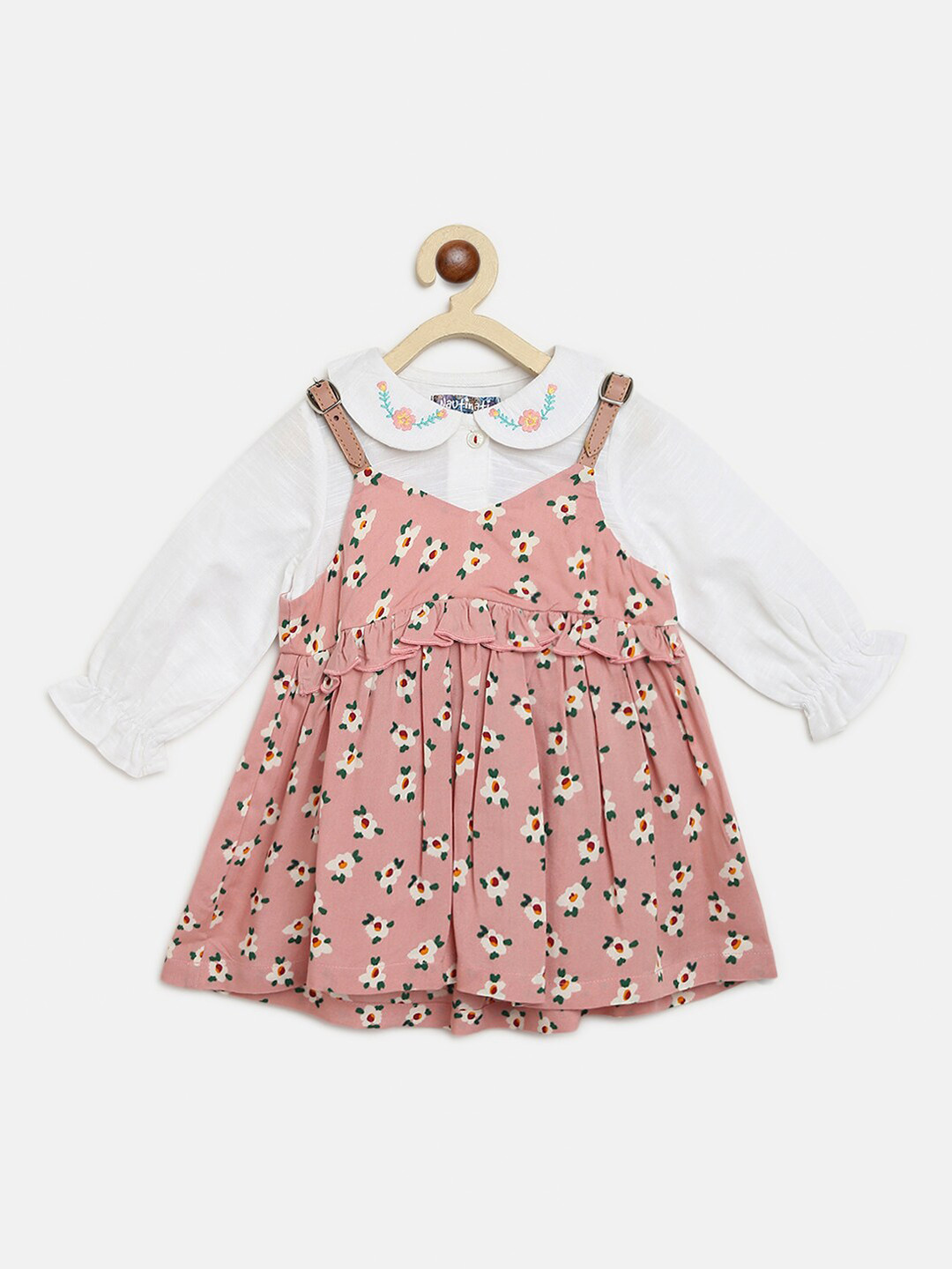 

Nauti Nati Peach-Coloured & White Floral Peter Pan Collar Sheath Dress