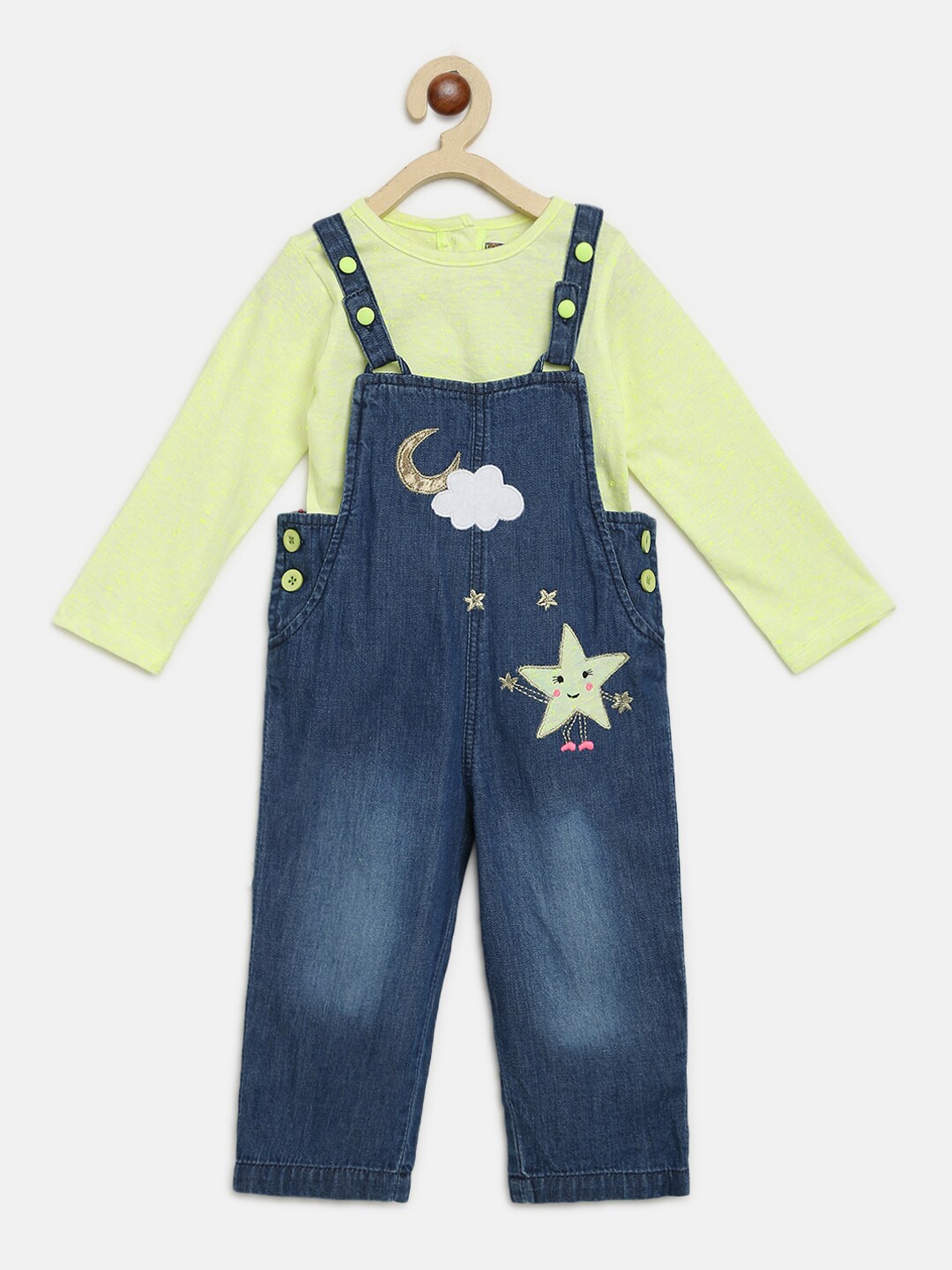 

Nauti Nati Girls Cotton Blue & Green T-shirt with Dungaree
