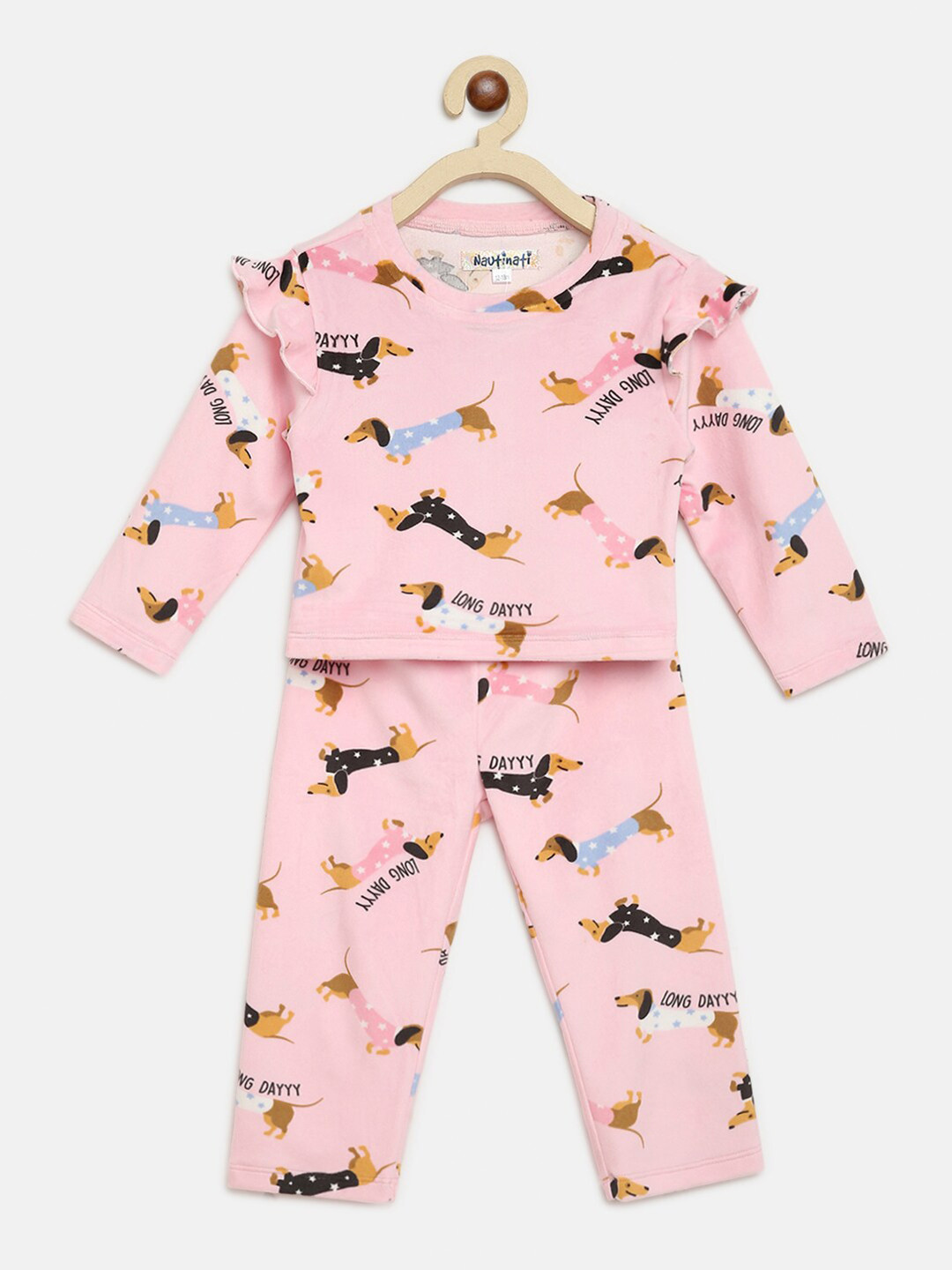 

Nauti Nati Girls Cotton Pink & Black Printed T-shirt with Pyjamas