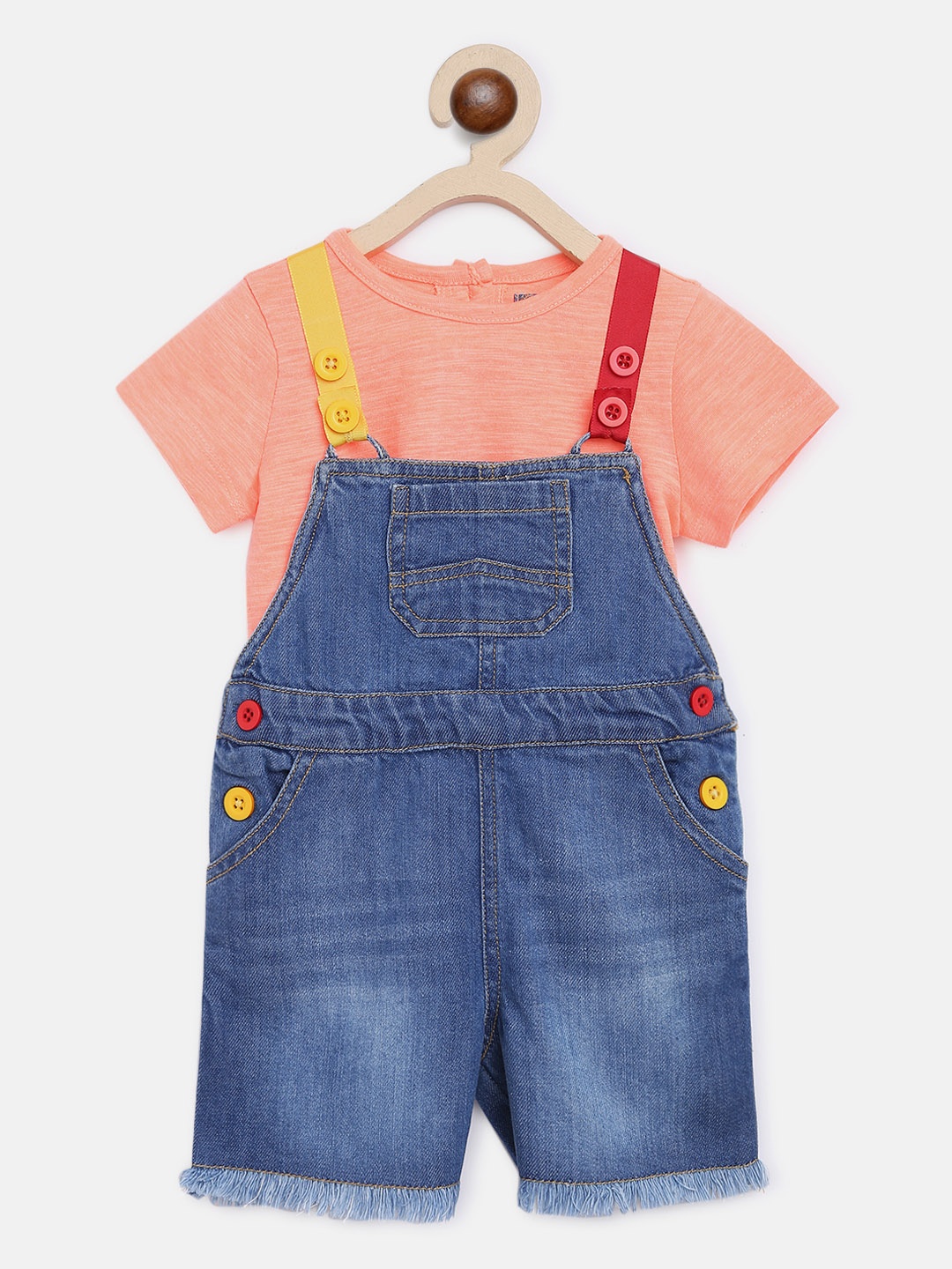 

Nauti Nati Girls Blue & Peach-Coloured Cotton Denim Dungaree Set