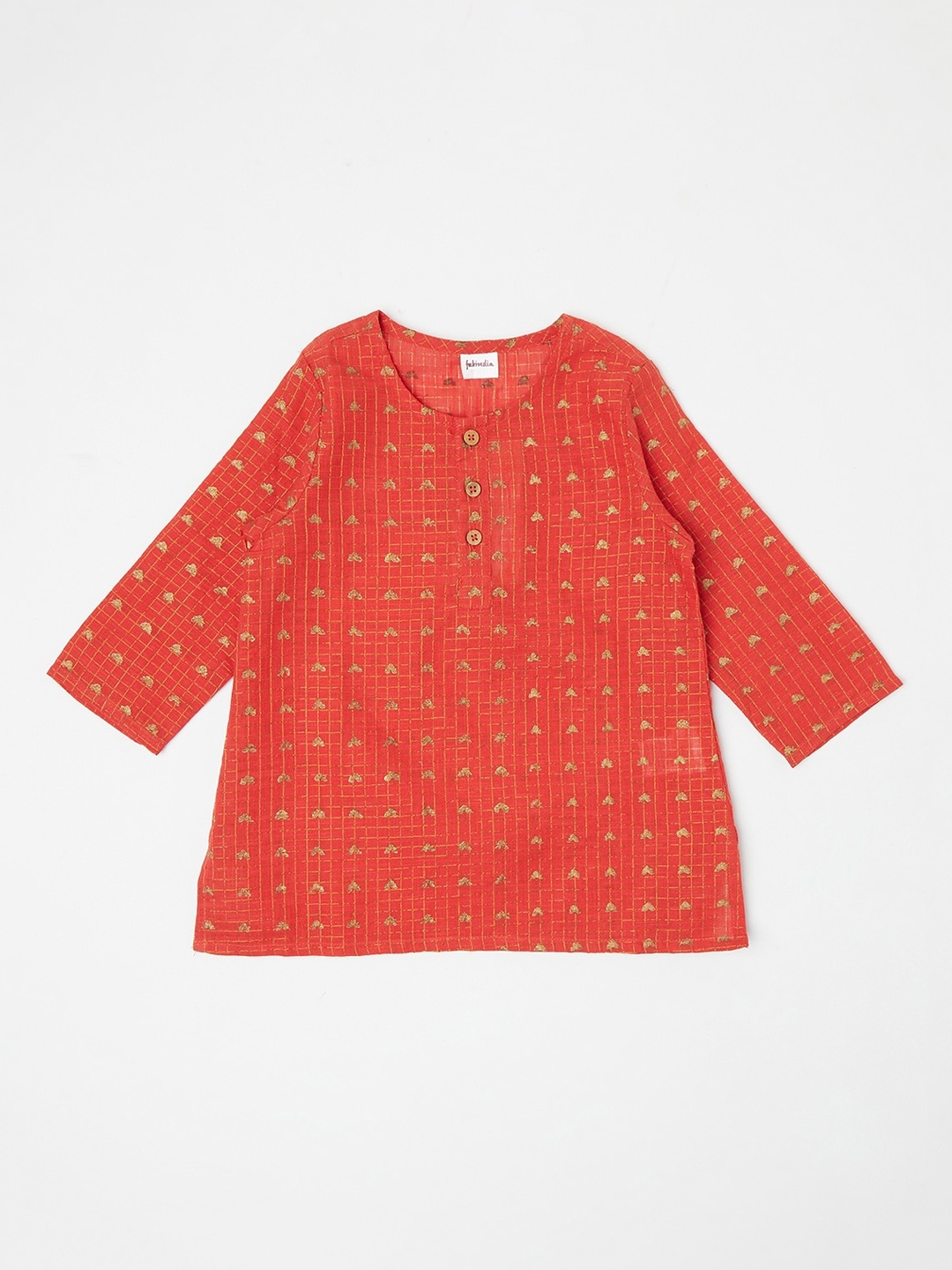 

Fabindia Boys Cotton Orange Geometric Embroidered Short Kurta