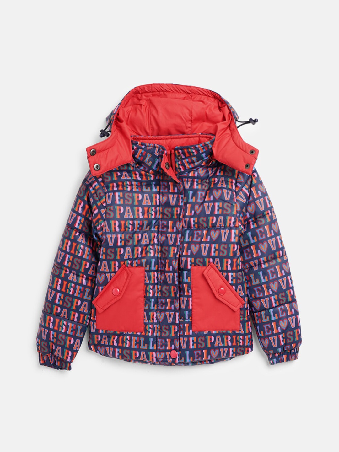 ELLE Girls Navy Blue Floral Padded Jacket with Patchwork