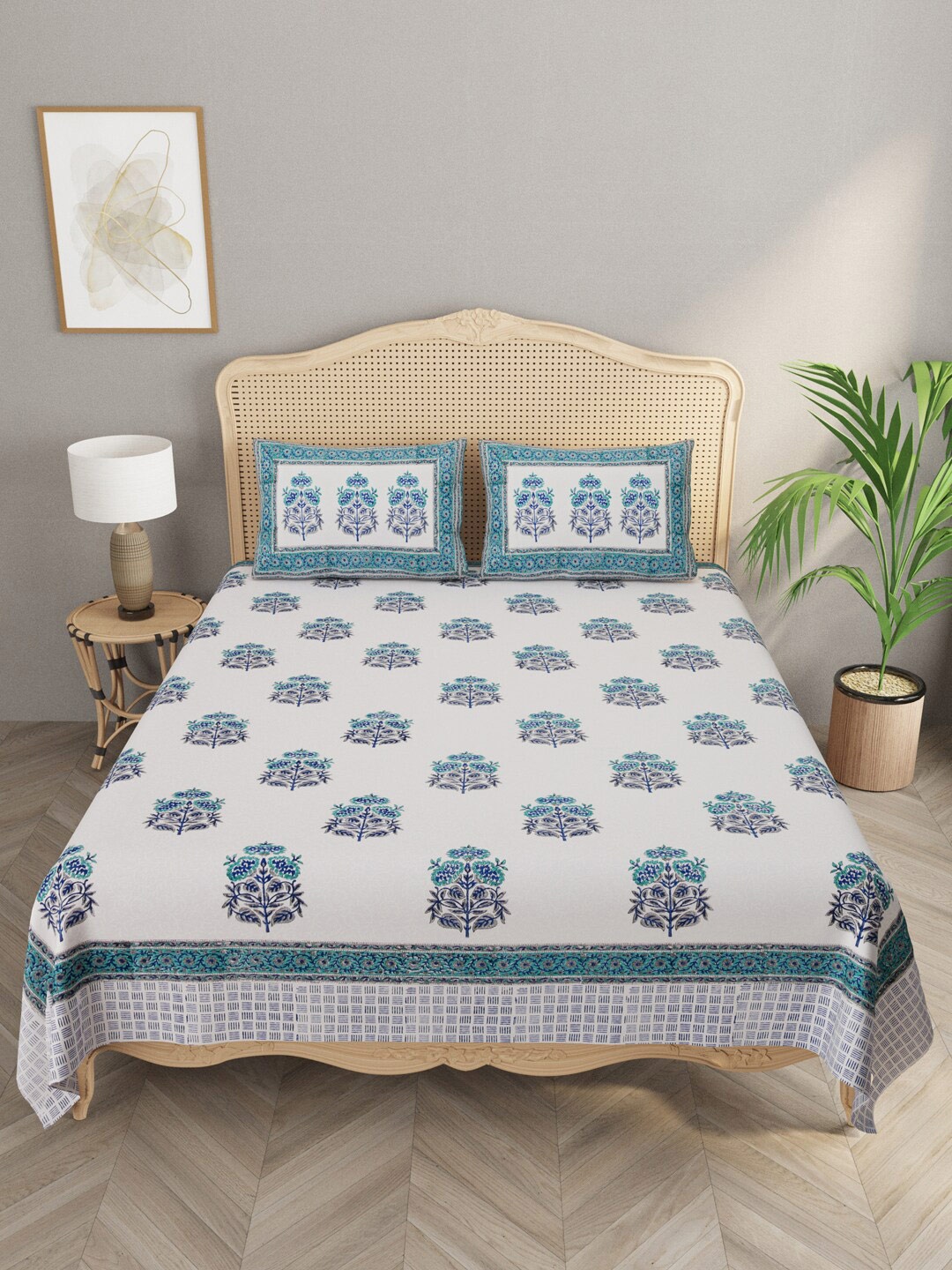 

Gulaab Jaipur White & Blue Ethnic Handblock print 600 TC King Bedsheet with 2 Pillow Covers