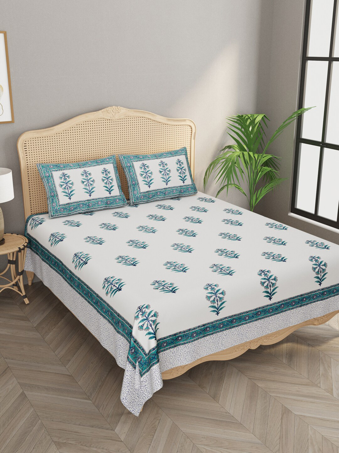 

Gulaab Jaipur White & Green Ethnic Handblock print 600 TC King Bedsheet with 2 Pillow Covers