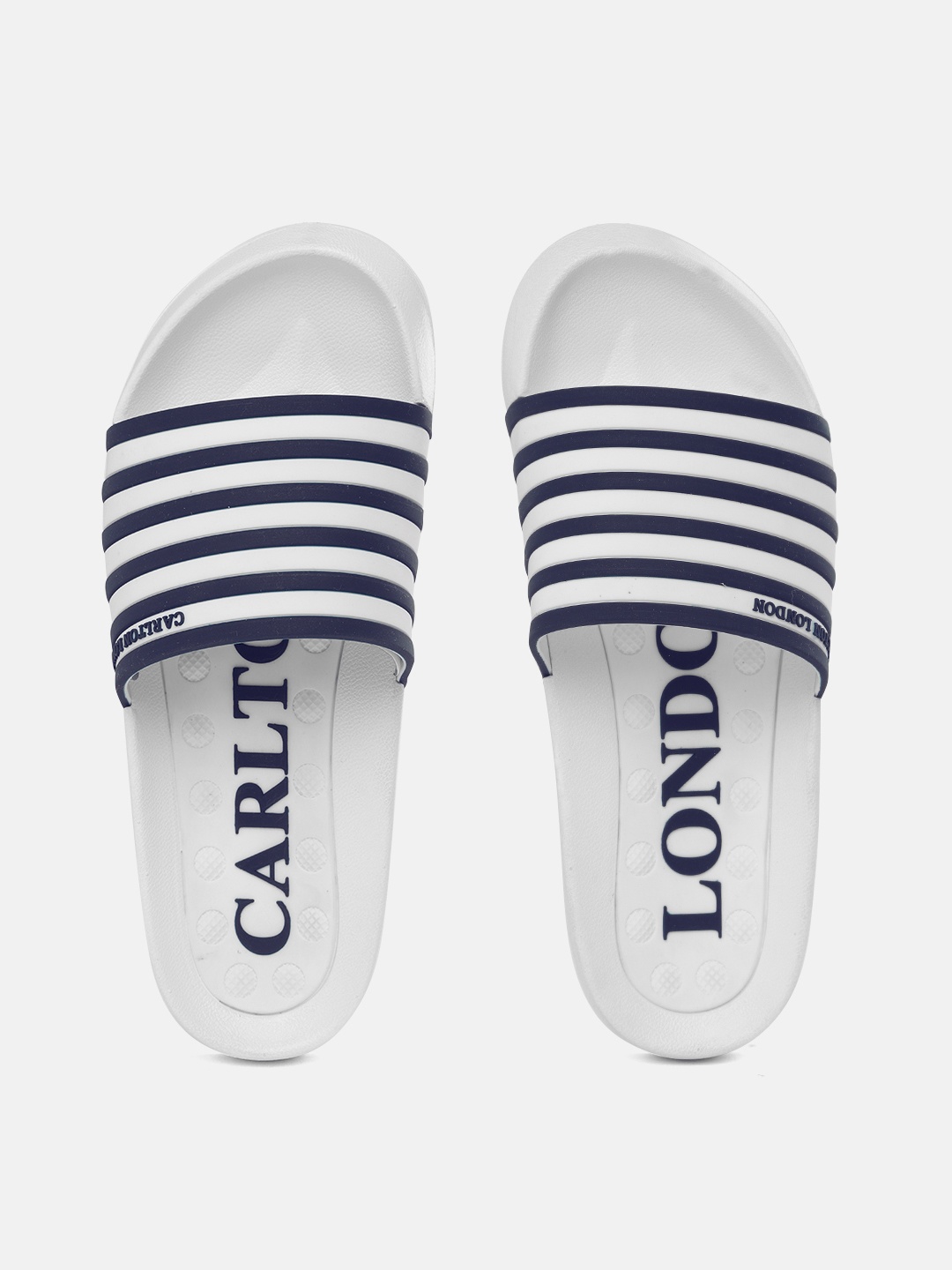 

Carlton London sports Men White & Navy Blue Striped Sliders