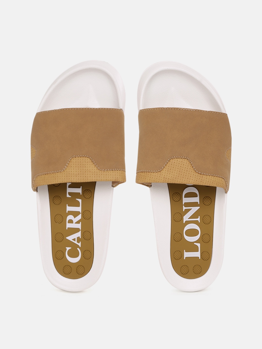 

Carlton London sports Men Brown & White Striped & Perforated Detail Sliders