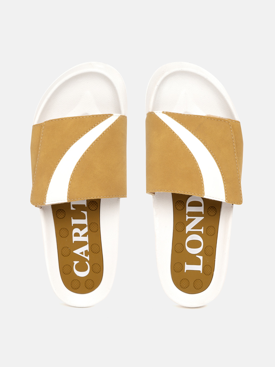 

Carlton London sports Men Mustard Yellow & White Striped Sliders