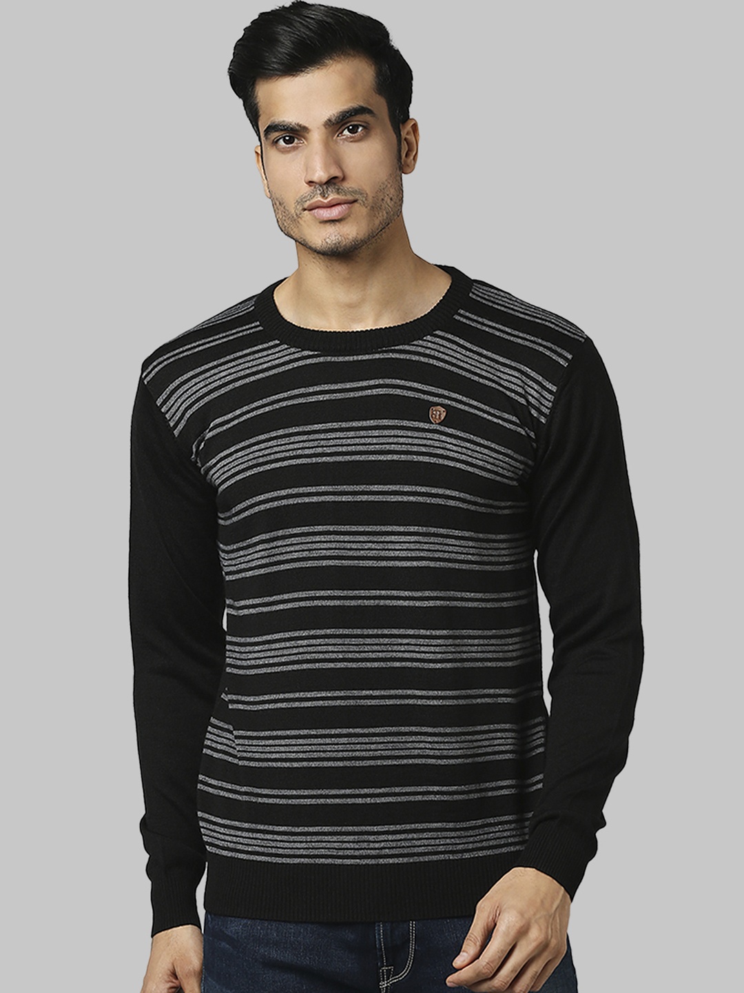 

Raymond Men Black & Grey Striped Acrylic Wool Pullover