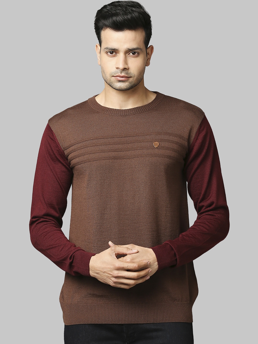 

Raymond Men Maroon & Brown Colourblocked Acrylic Pullover