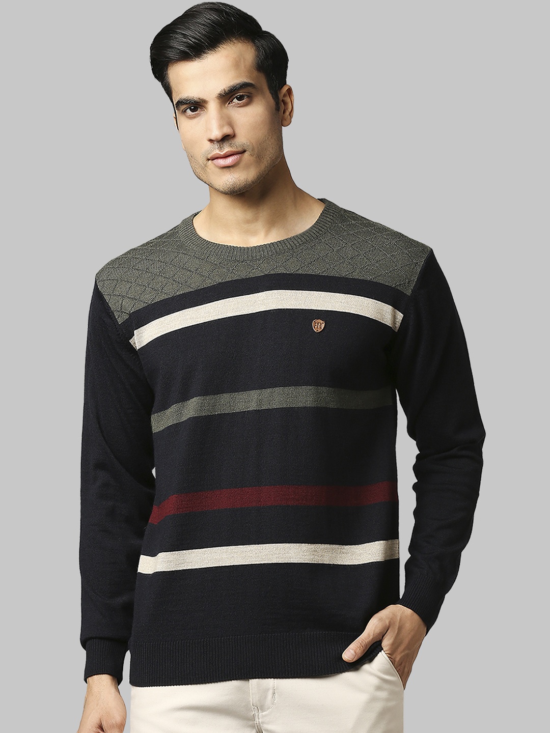 

Raymond Men Blue, Green & white Striped Pullover sweater