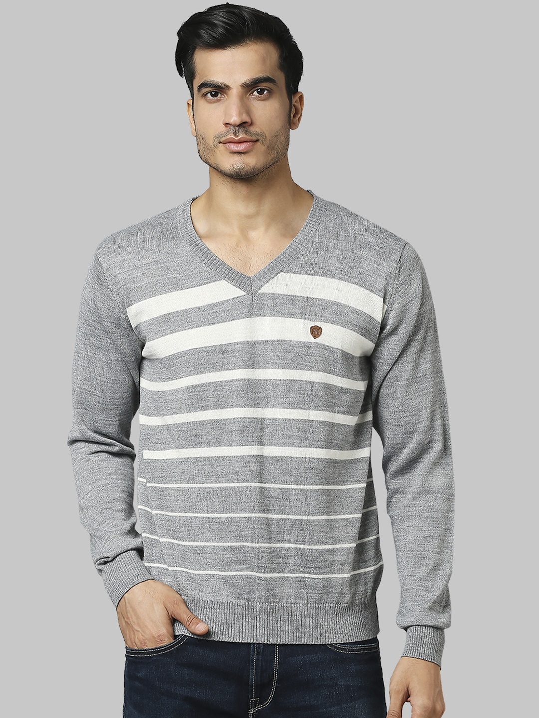 

Raymond Men Grey & White Striped Pullover