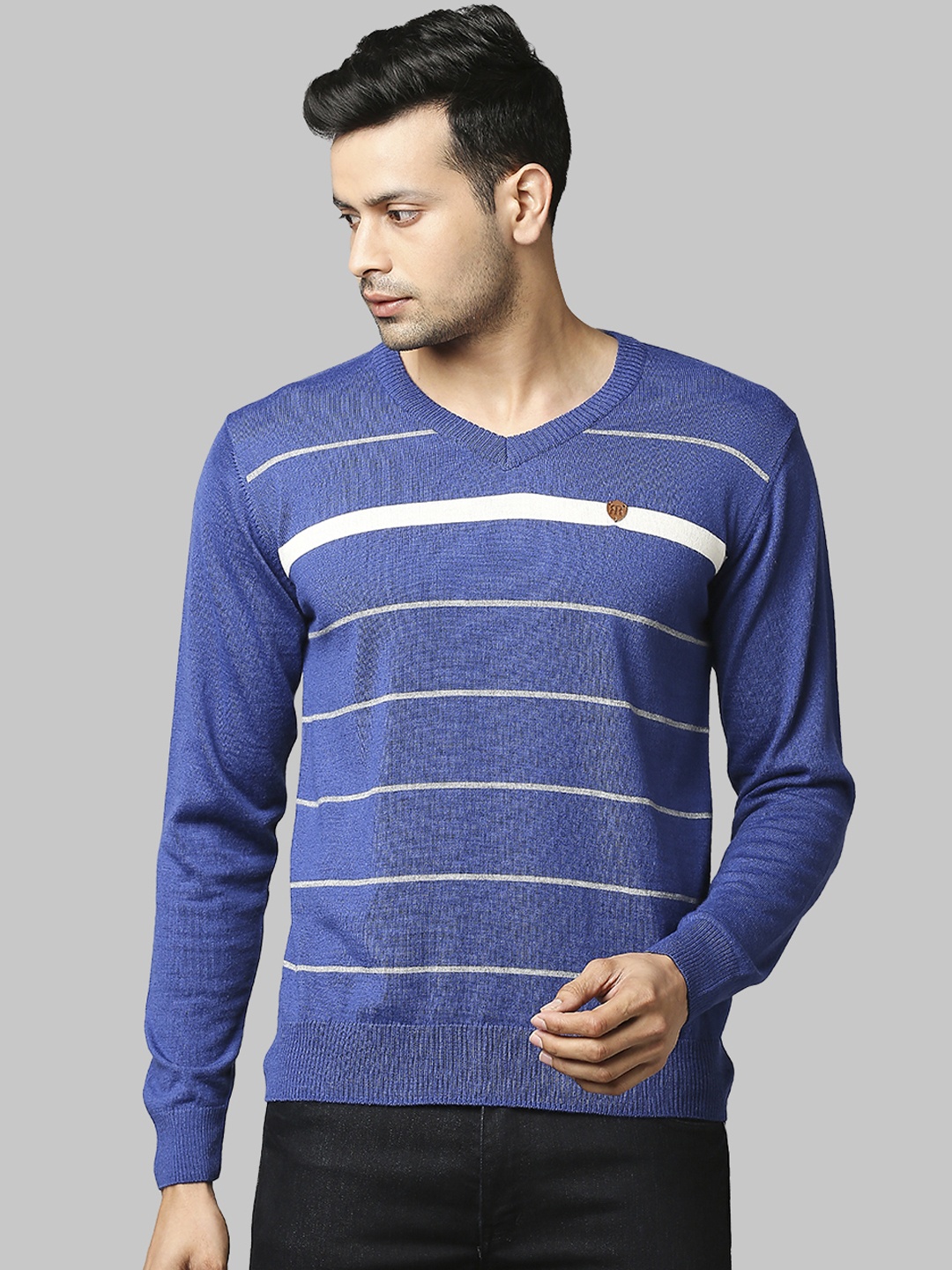 

Raymond Men Blue & White Striped Acrylic Wool Pullover