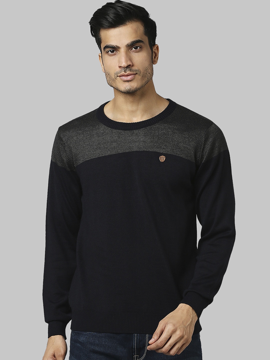 

Raymond Men Blue & Grey Colourblocked Pullover