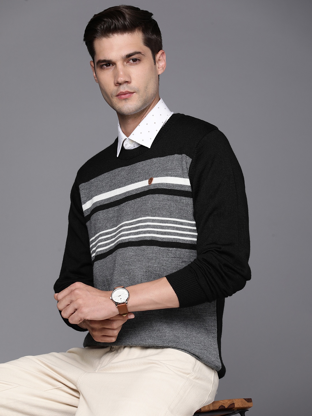 

Raymond Men Striped Pullover, Grey melange