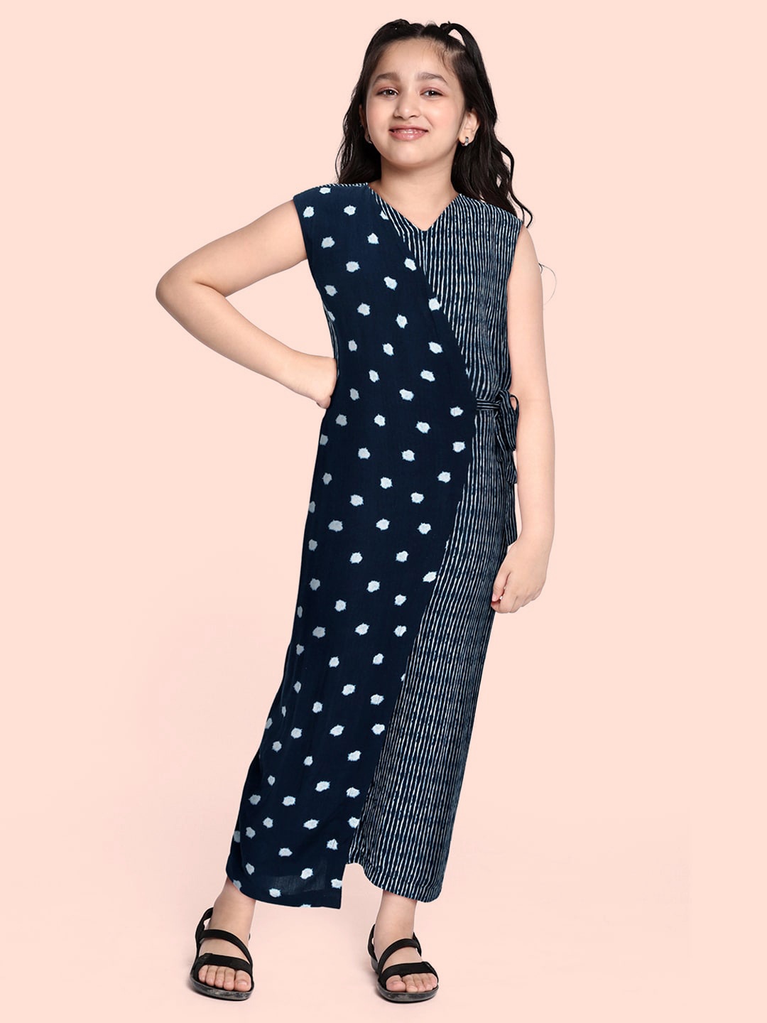 

Global Desi Girls Navy Blue Striped Basic Jumpsuit