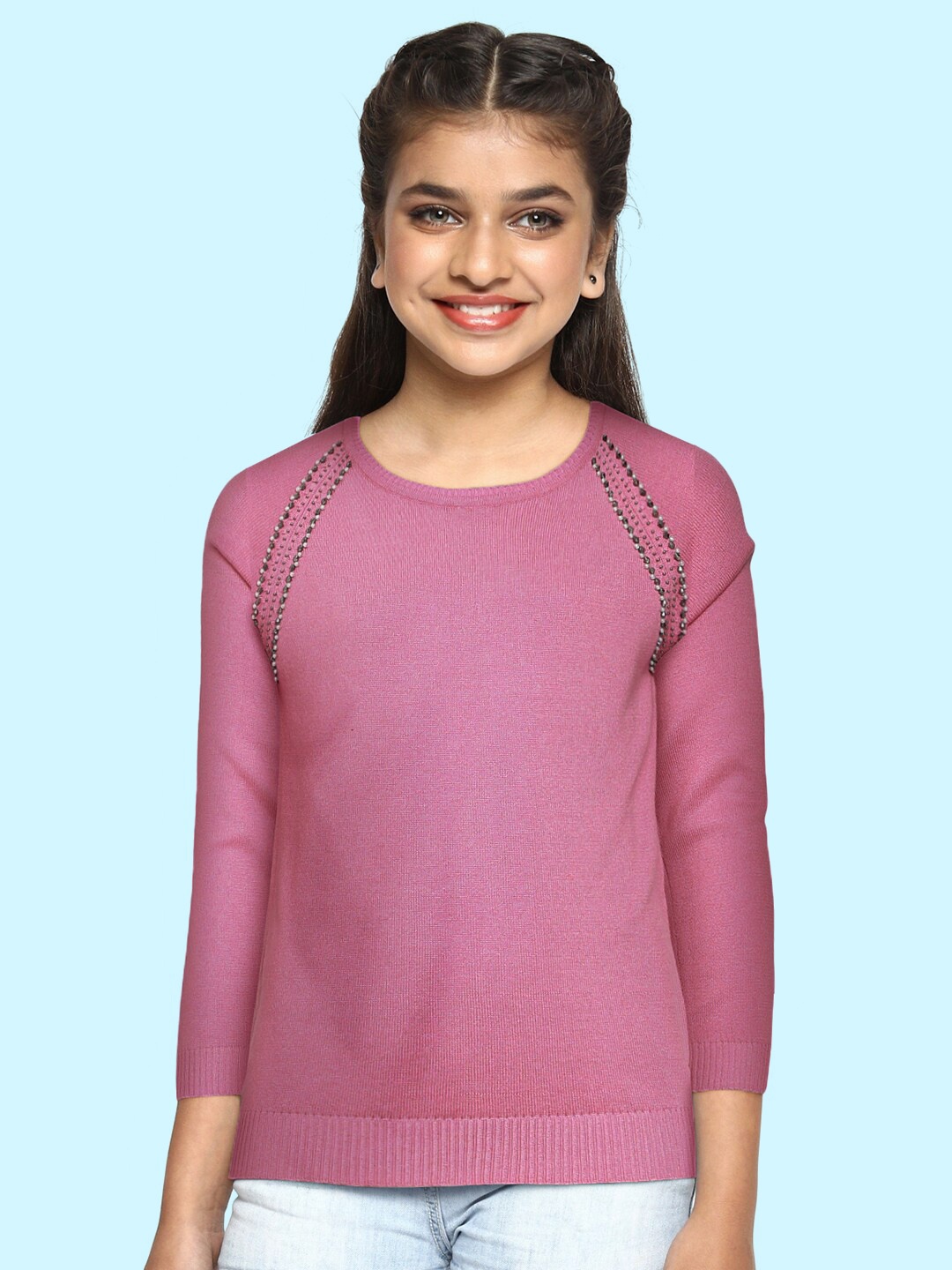 

Global Desi Girls Pink Solid Bead Embellished Top