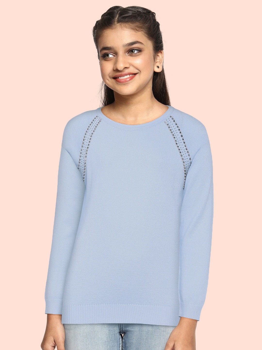 

Global Desi Girls Blue Solid Regular Fit T-shirt