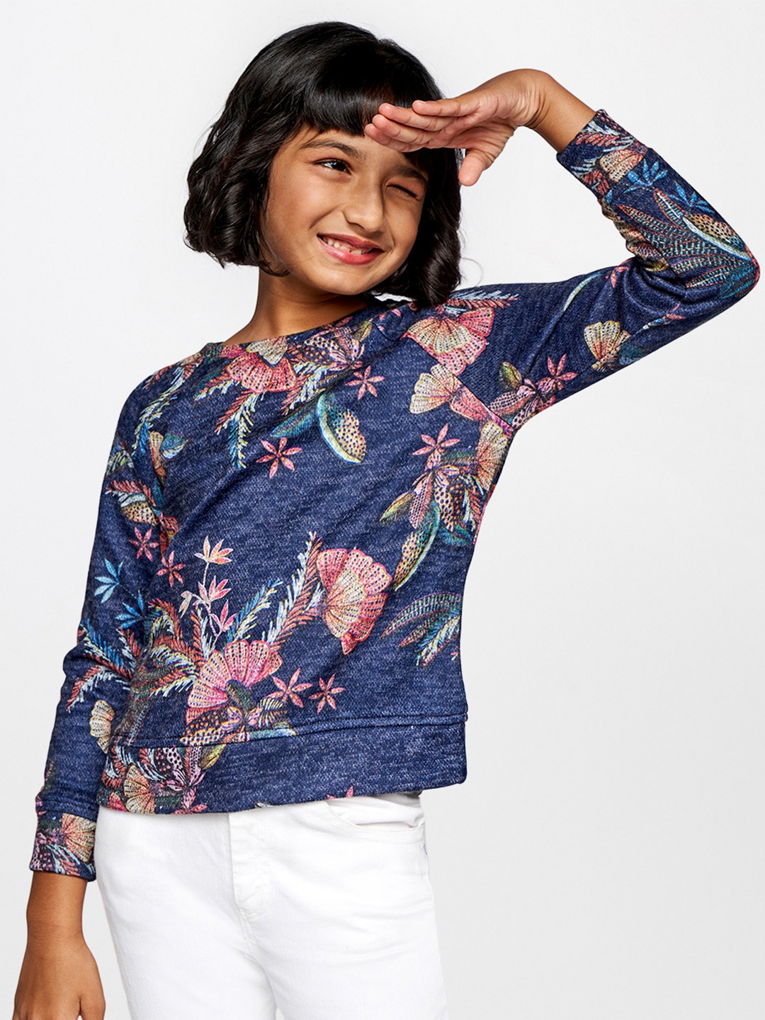 

Global Desi Girls Navy Blue & Pink Floral Print Top