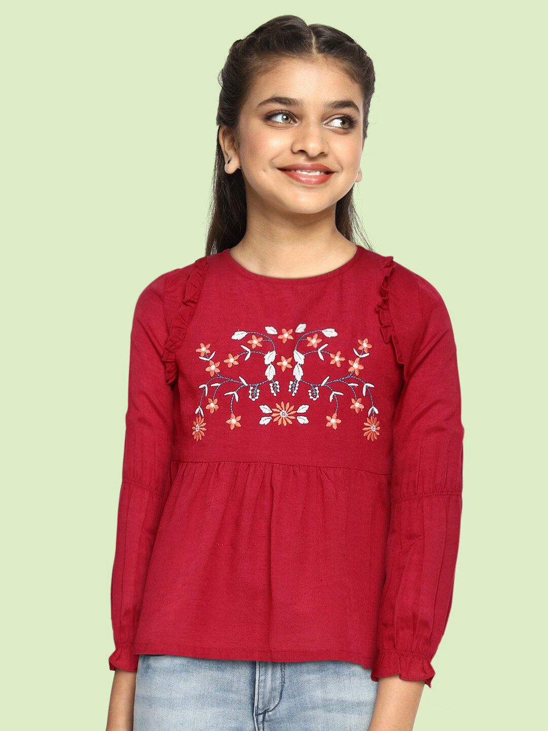 

Global Desi Girls Red Embroidered Top