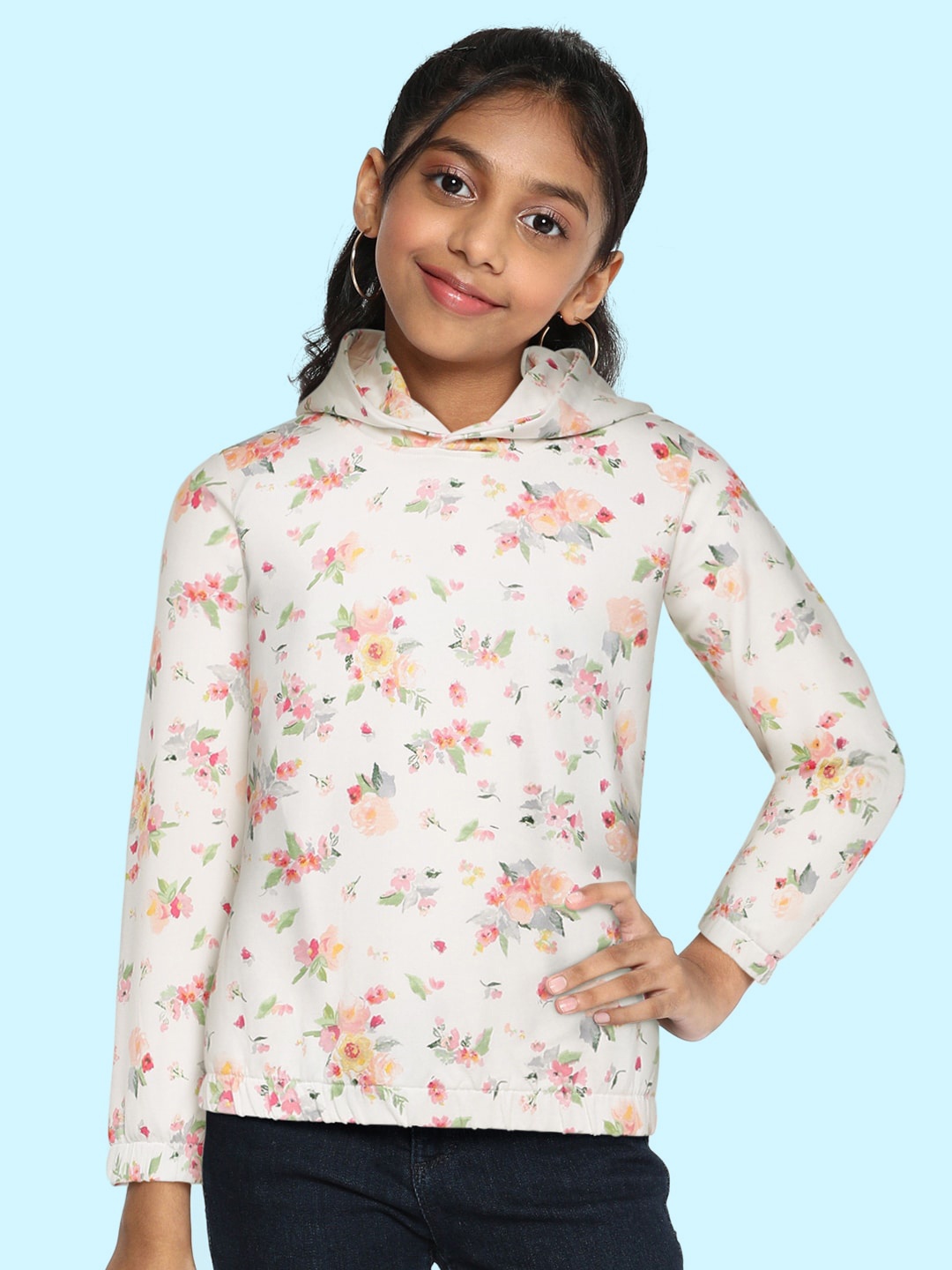 

AND Girls White & Peach Orange Floral Print Hooded Regular Sleeves Top