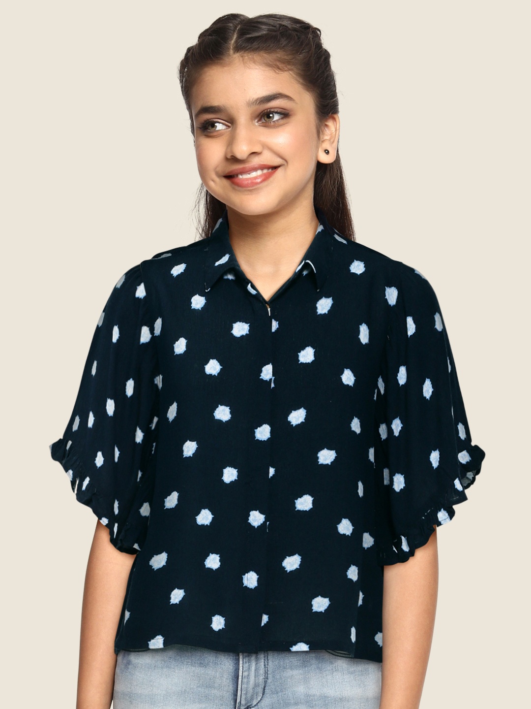 

Global Desi Girls Blue Printed Boxy Top