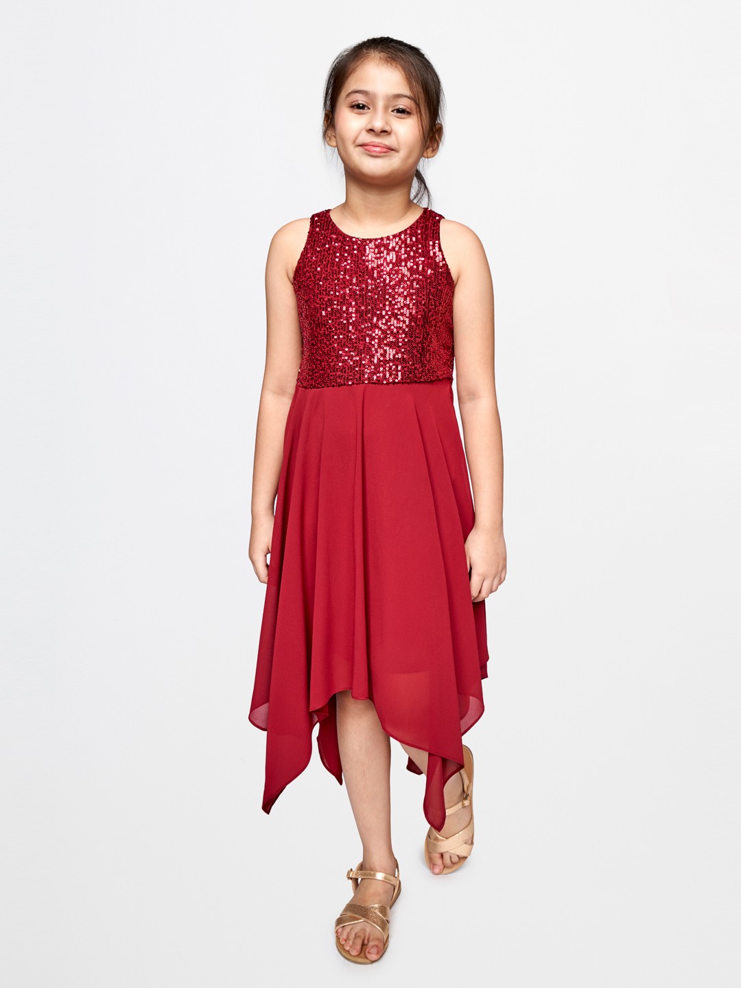 

AND Red Embroidered Sequined Asymmetric Hem Midi Dress