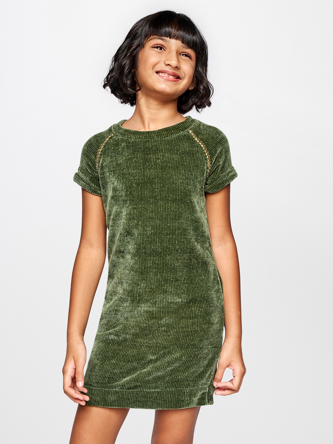 

Global Desi Girls Olive Green Self Designed Sheath Dress