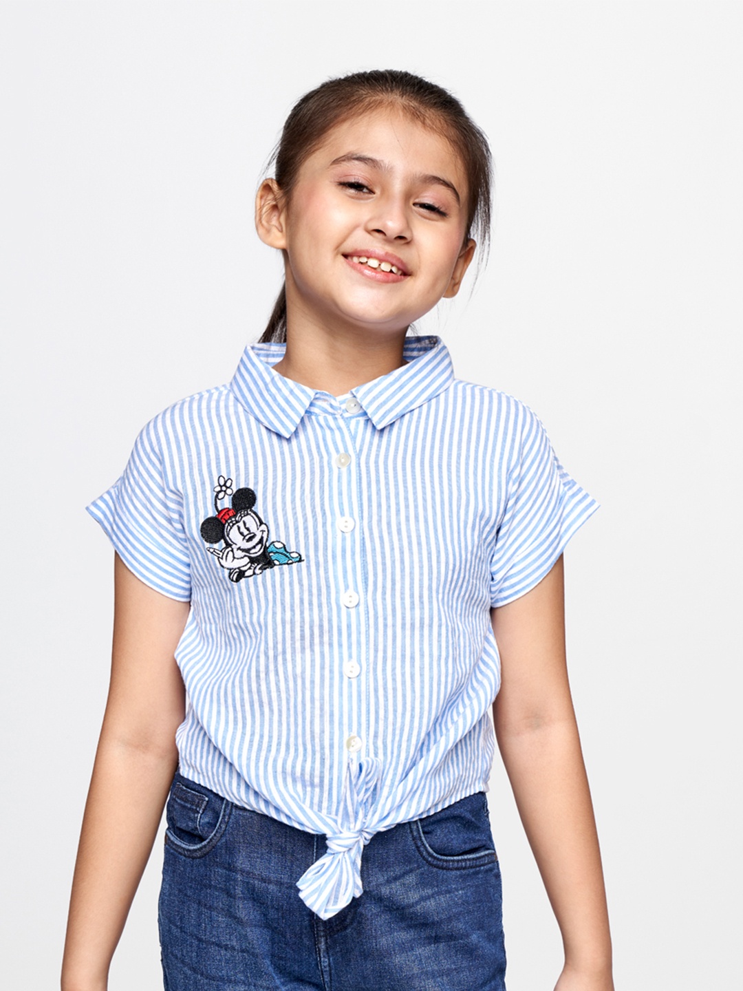 

AND Girls Blue & White Striped Extended Sleeves Applique Pure Cotton Shirt Style Top