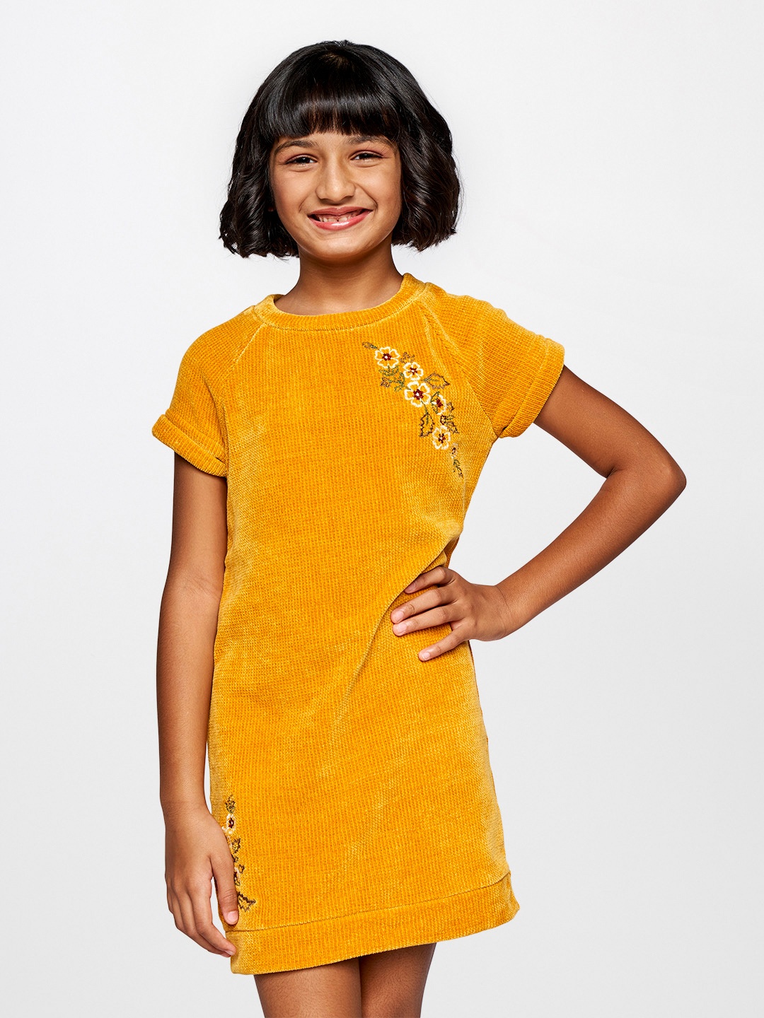 

Global Desi Mustard Yellow Floral Embroidered T-shirt Dress