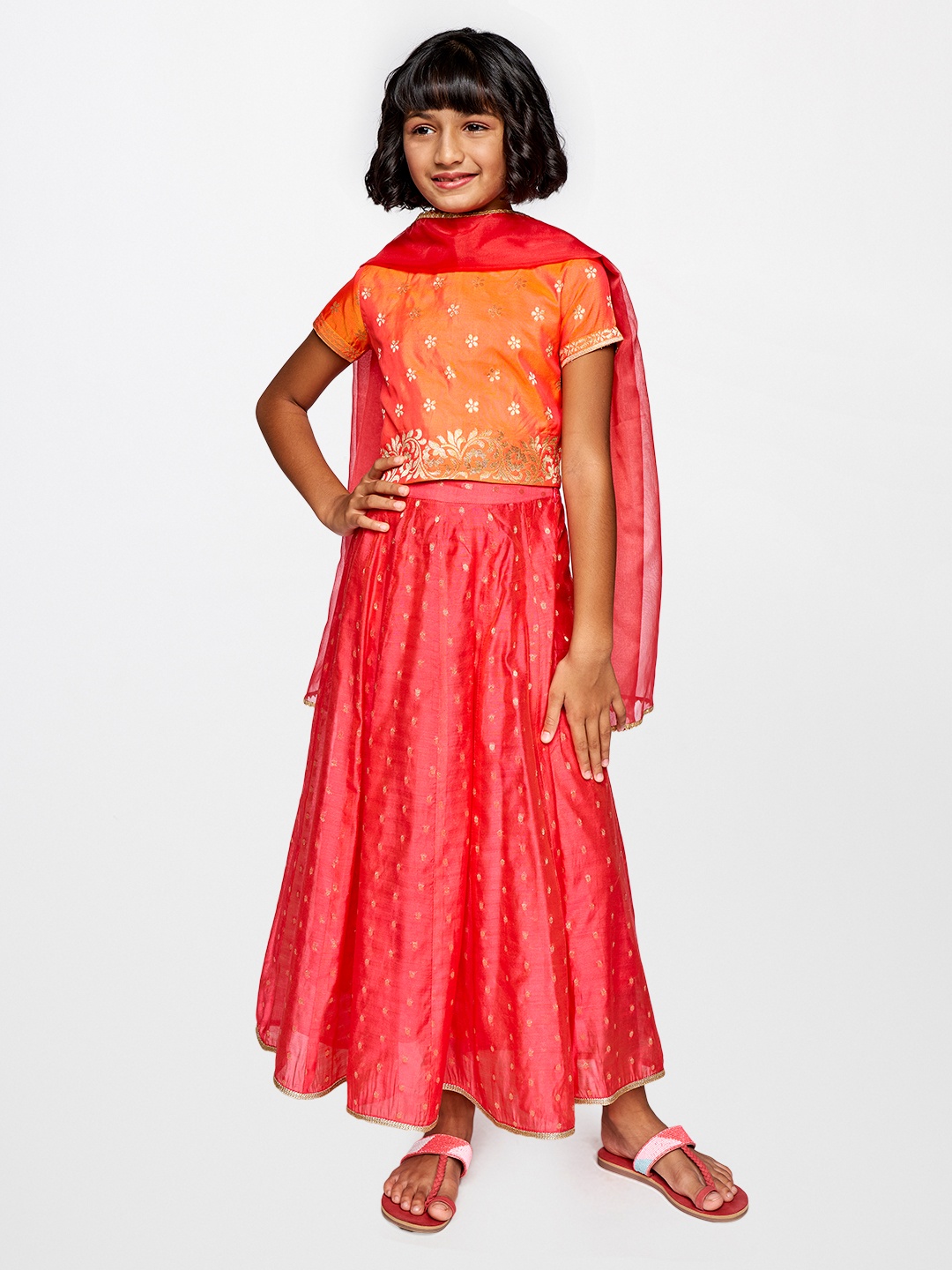

Global Desi Girls Orange & Red Ready to Wear Lehenga & Blouse With Dupatta