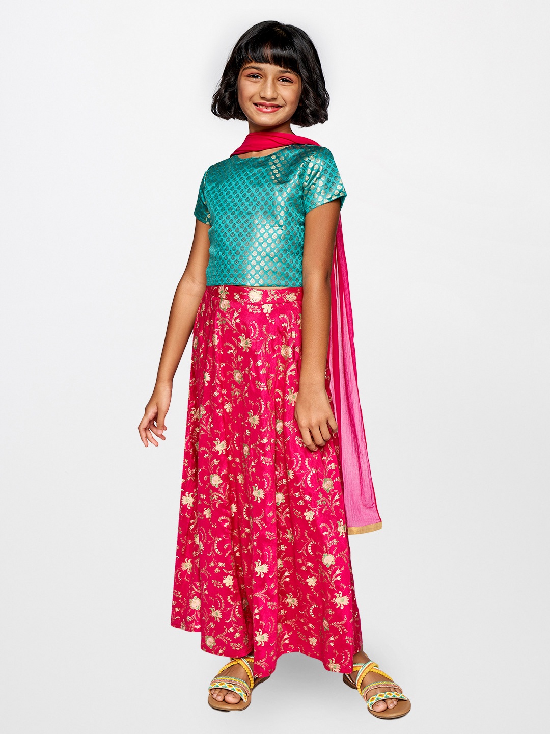 

Global Desi Girls Green & Pink Ready to Wear Lehenga & Blouse With Dupatta