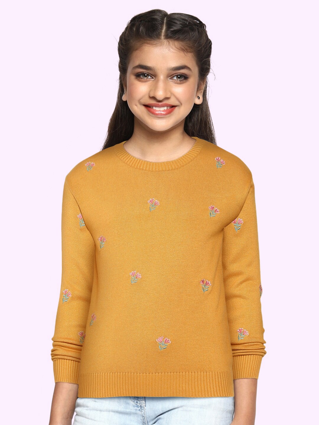 

Global Desi Girls Mustard Yellow Floral Embroidered Top