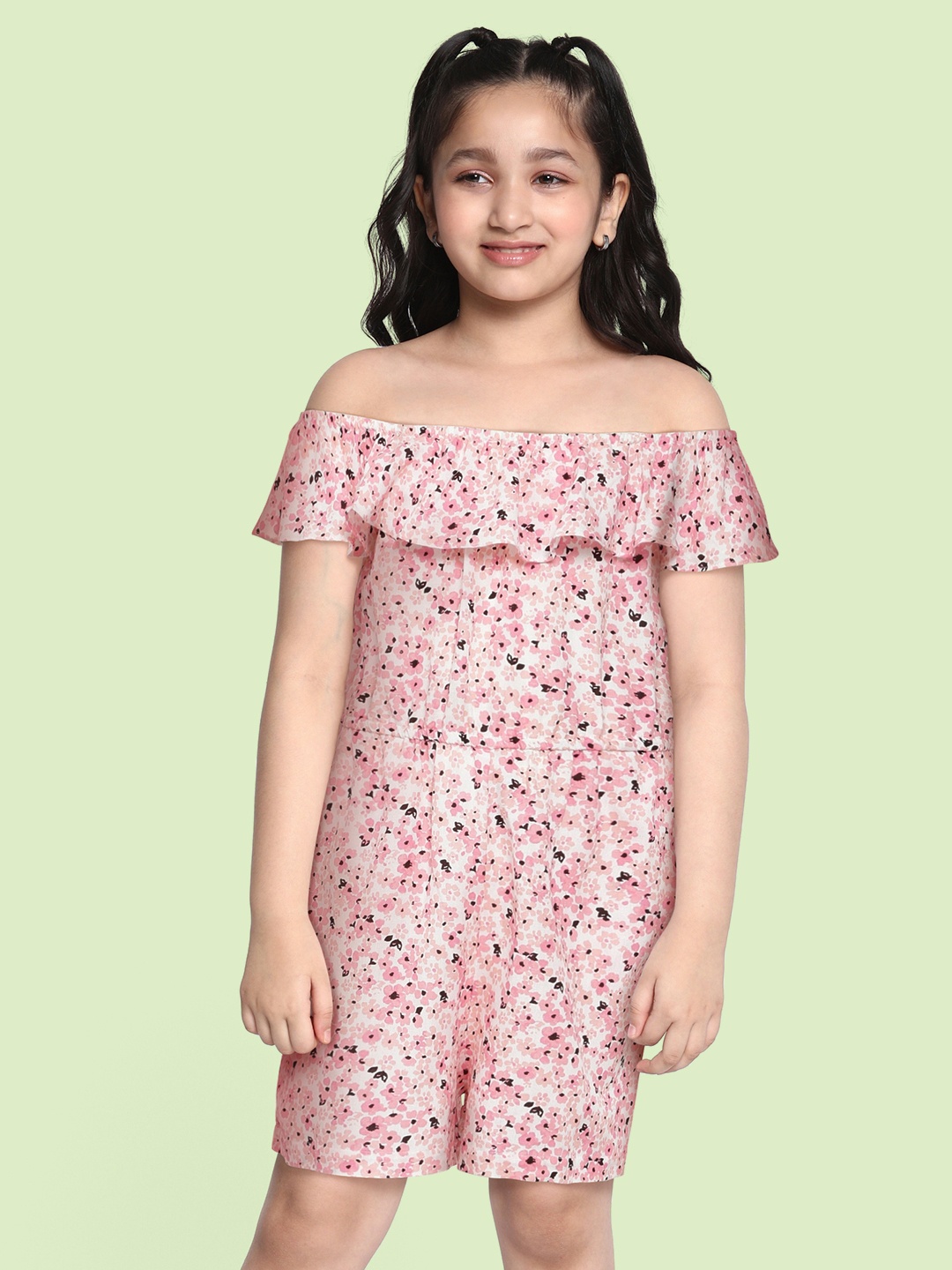 

AND Girls Pink Printed Basic Jumpsuit with Layered