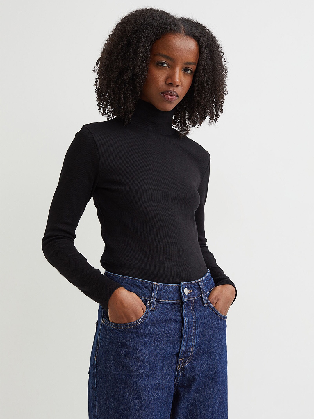 

H&M Women Black Ribbed Polo-Neck Top