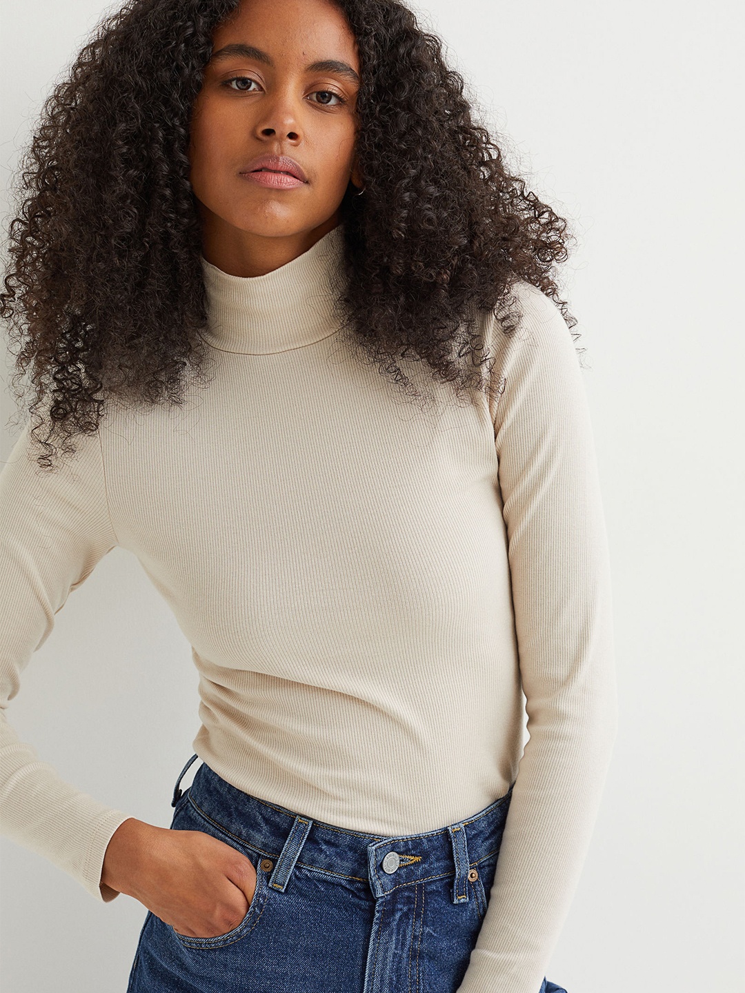 

H&M Women Beige Ribbed Polo-Neck Top