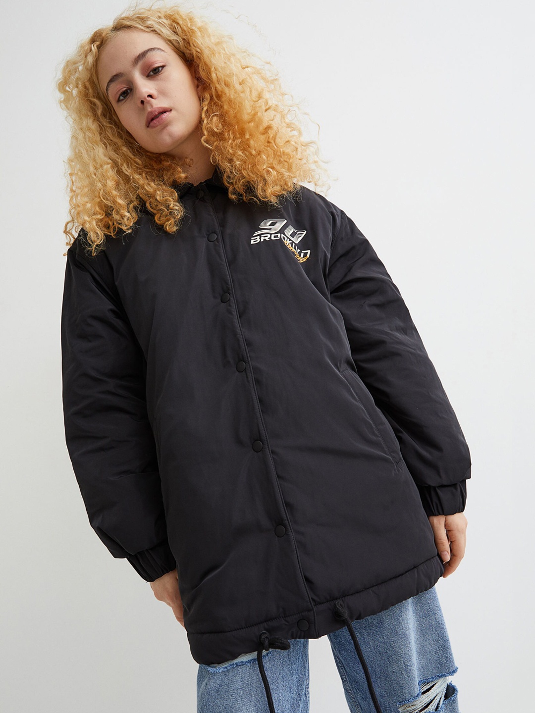 

H&M Women Black Oversized Printed Jacket