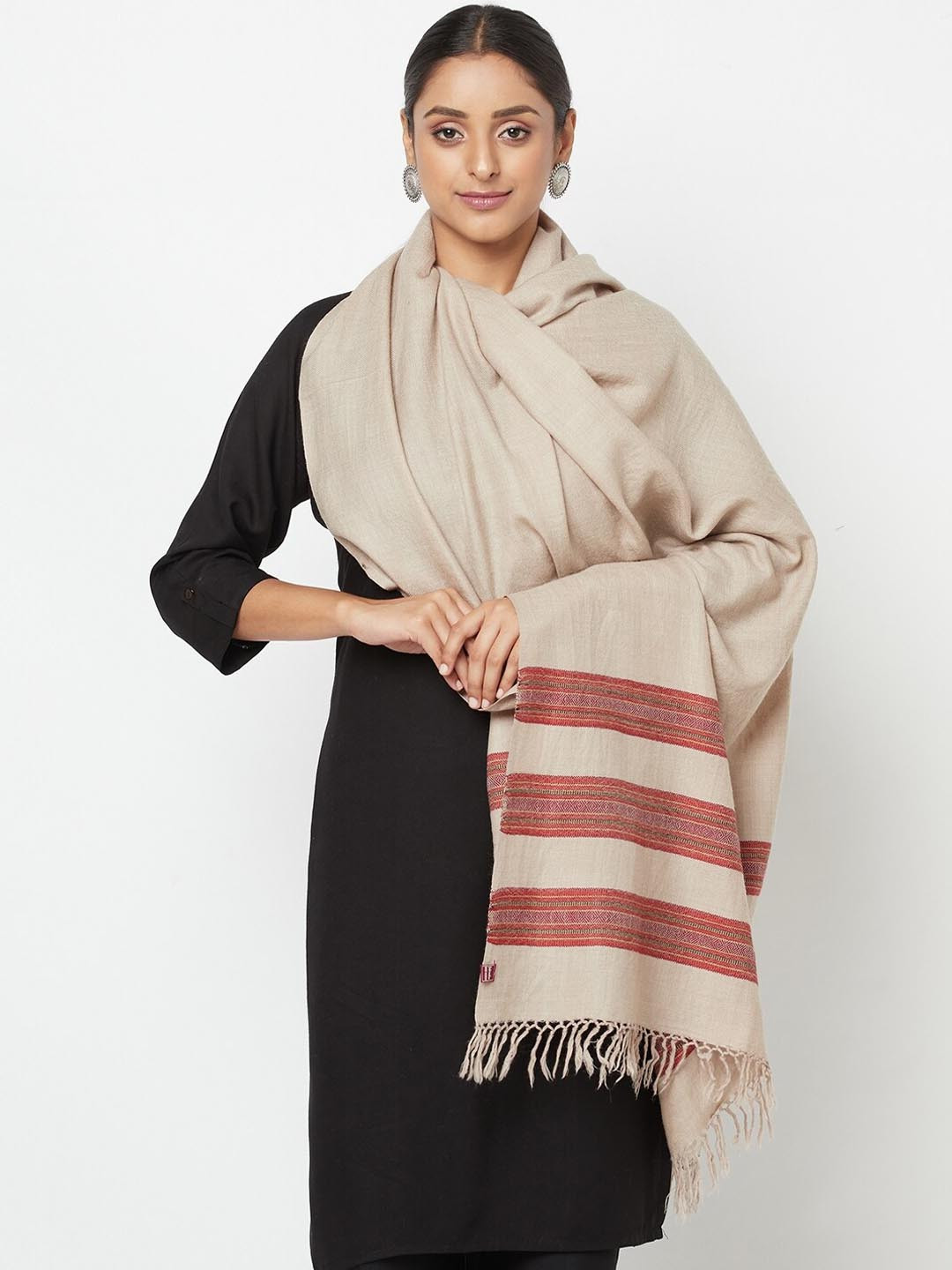 

Fabindia Women Beige & Red Woven Design Striped Pure Wool Shawl