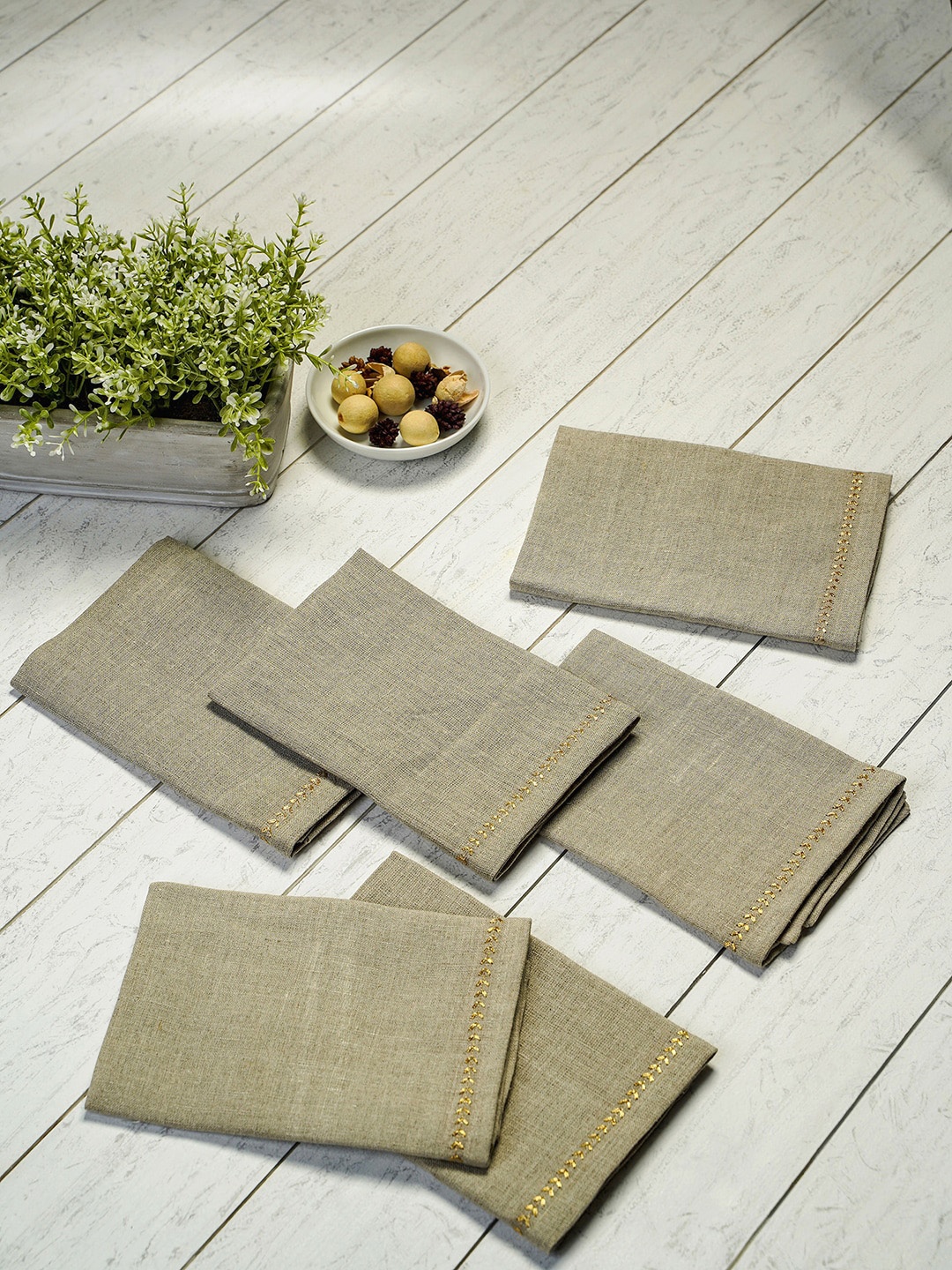 

Pure Home and Living Set Of 6 Beige Solid Linen Table Napkins