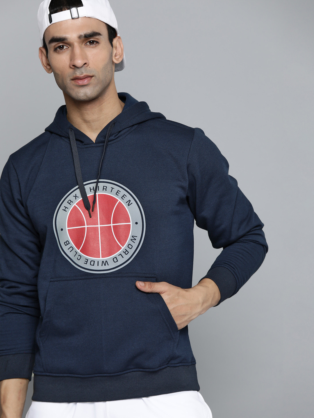 

HRX by Hrithik Roshan Men Navy Blue & Red Graphic Print Hooded Sweatshirt