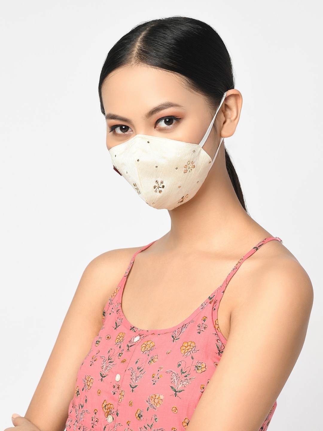 

Fabindia Women Beige & Gold Embroidered Cotton Silk Blend Reusable Cloth Mask