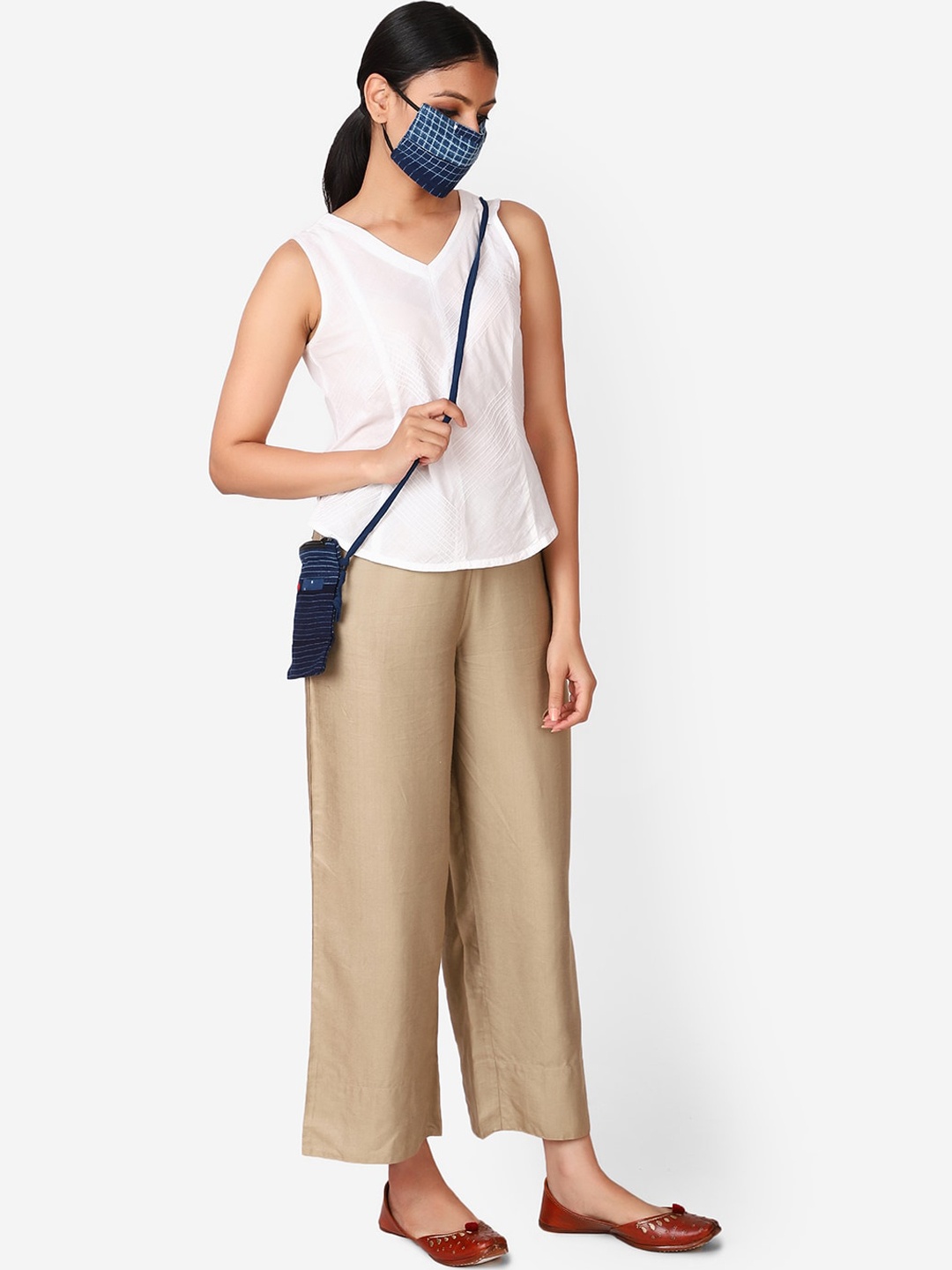 

Fabindia Blue Printed Reusable Cotton Cloth Mask With Sling Bag